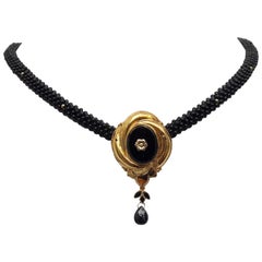 Marina J. Unique Woven Black Onyx 3D Rope Necklace with Vintage Centerpiece