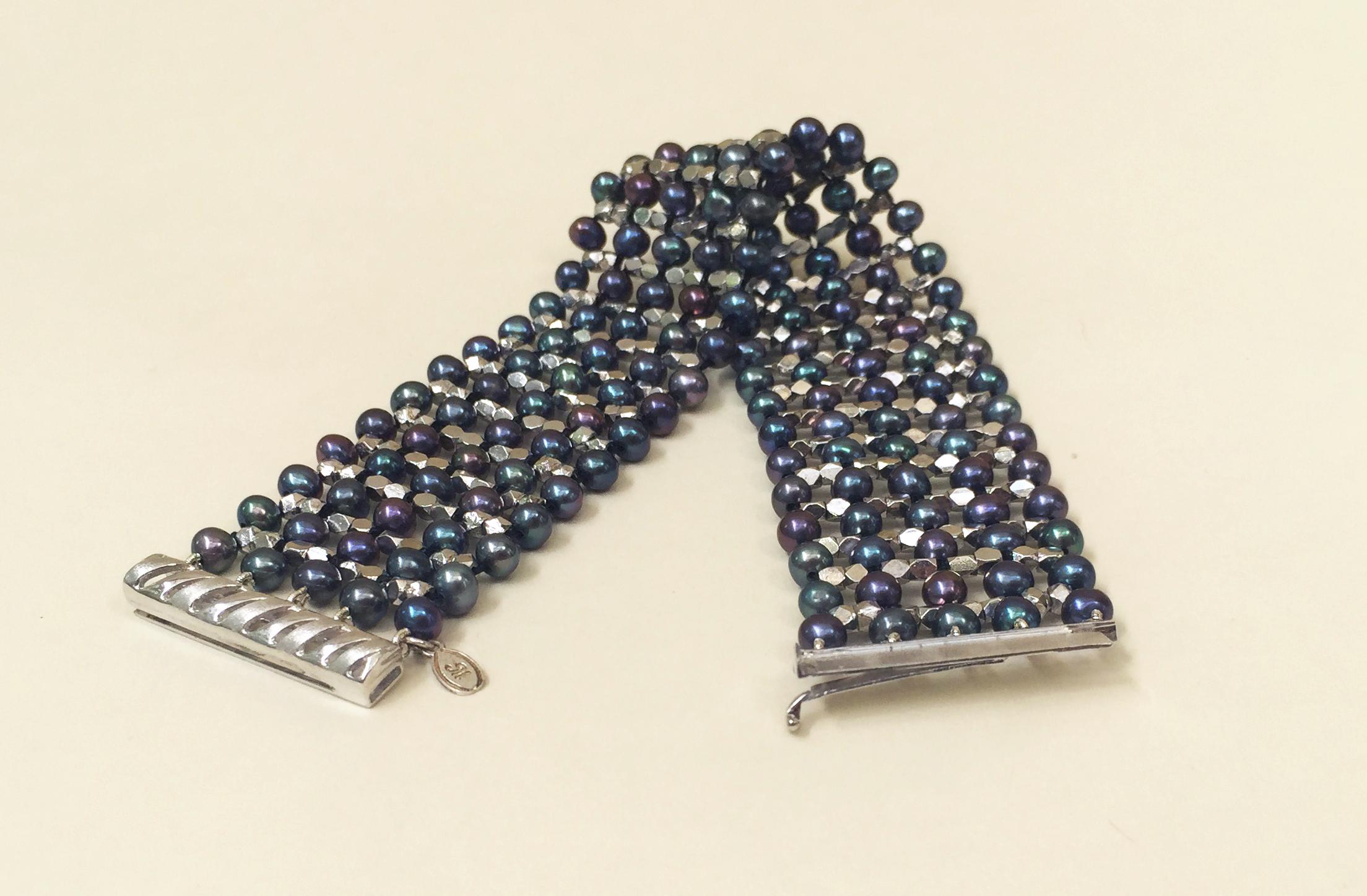 Marina J. Bracciale unisex con perle nere e perline in argento 925 placcato in rodio in vendita 5