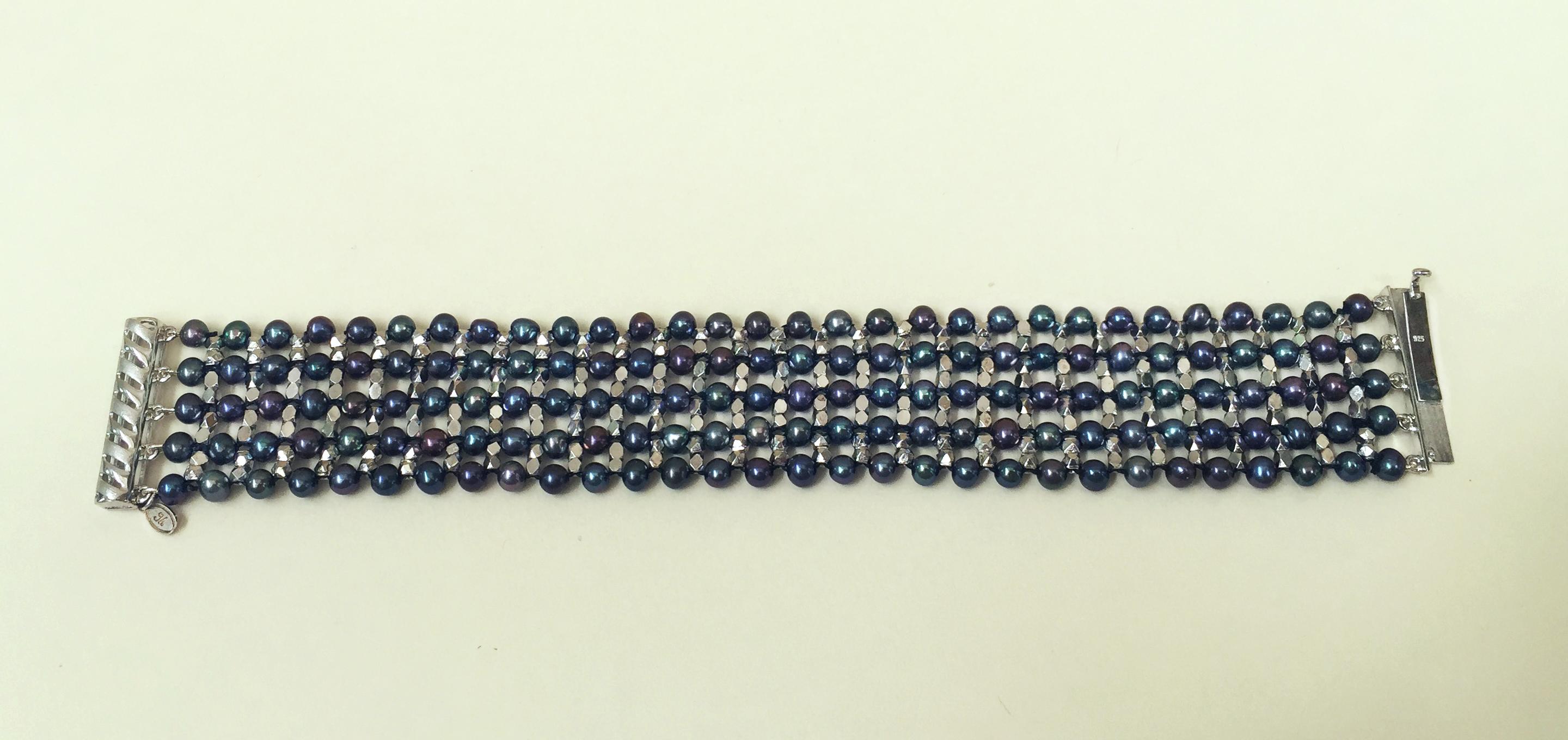 Marina J. Bracciale unisex con perle nere e perline in argento 925 placcato in rodio in vendita 6