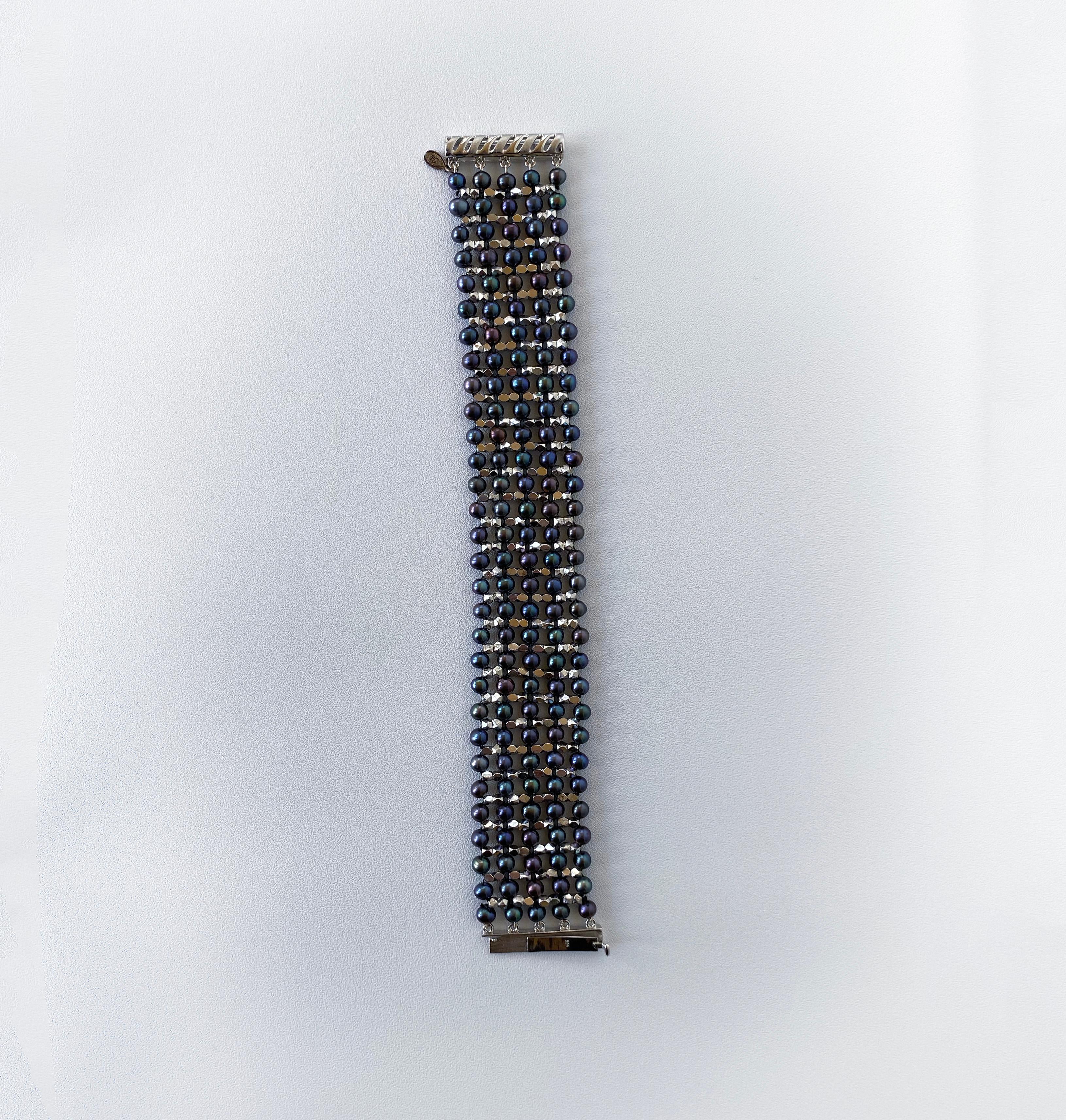 Marina J Unisex Black Pearl, Rhodium Plated Sterling Silver Beaded Cuff Bracelet 7