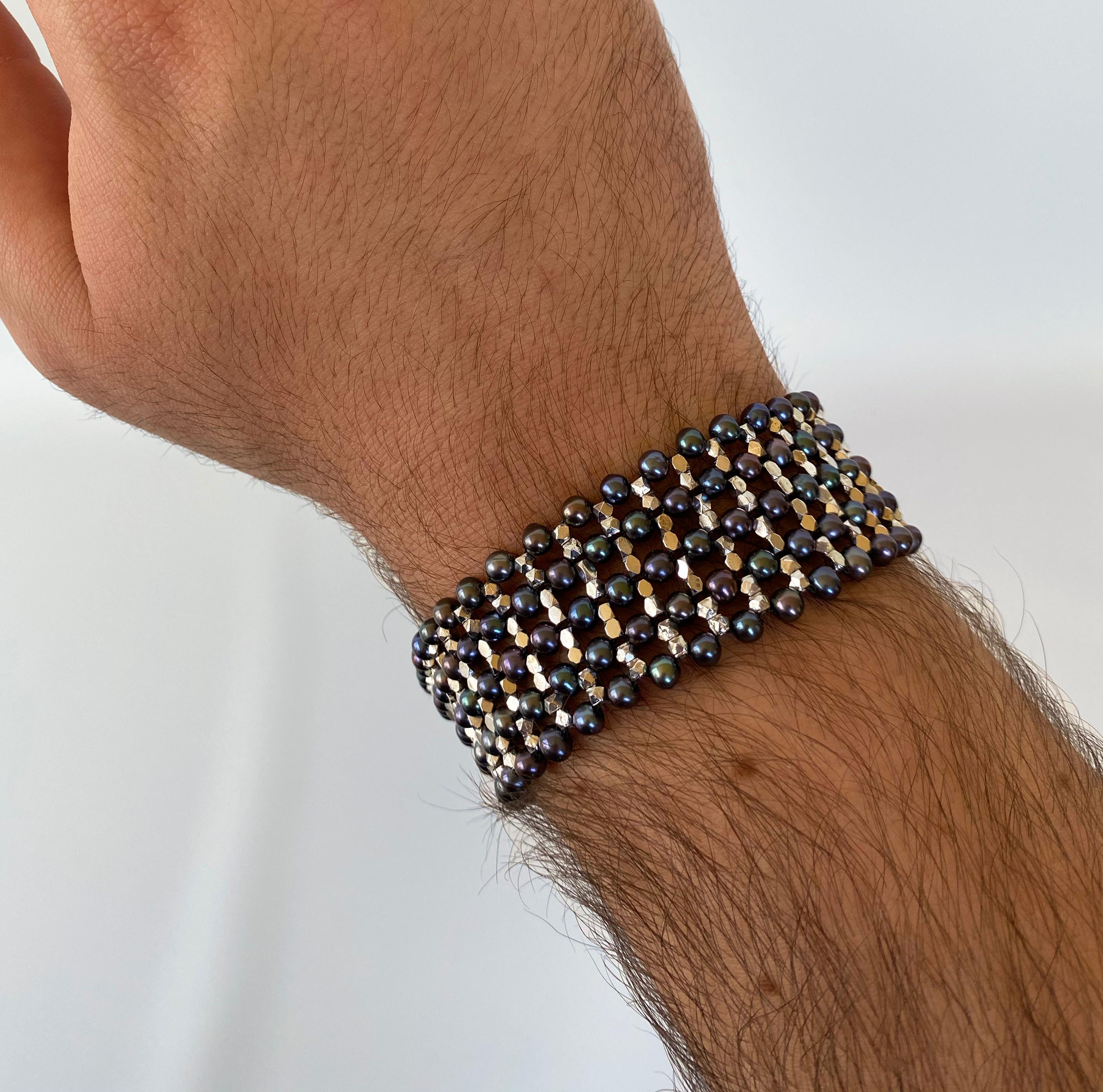da uomo o donna Marina J. Bracciale unisex con perle nere e perline in argento 925 placcato in rodio in vendita