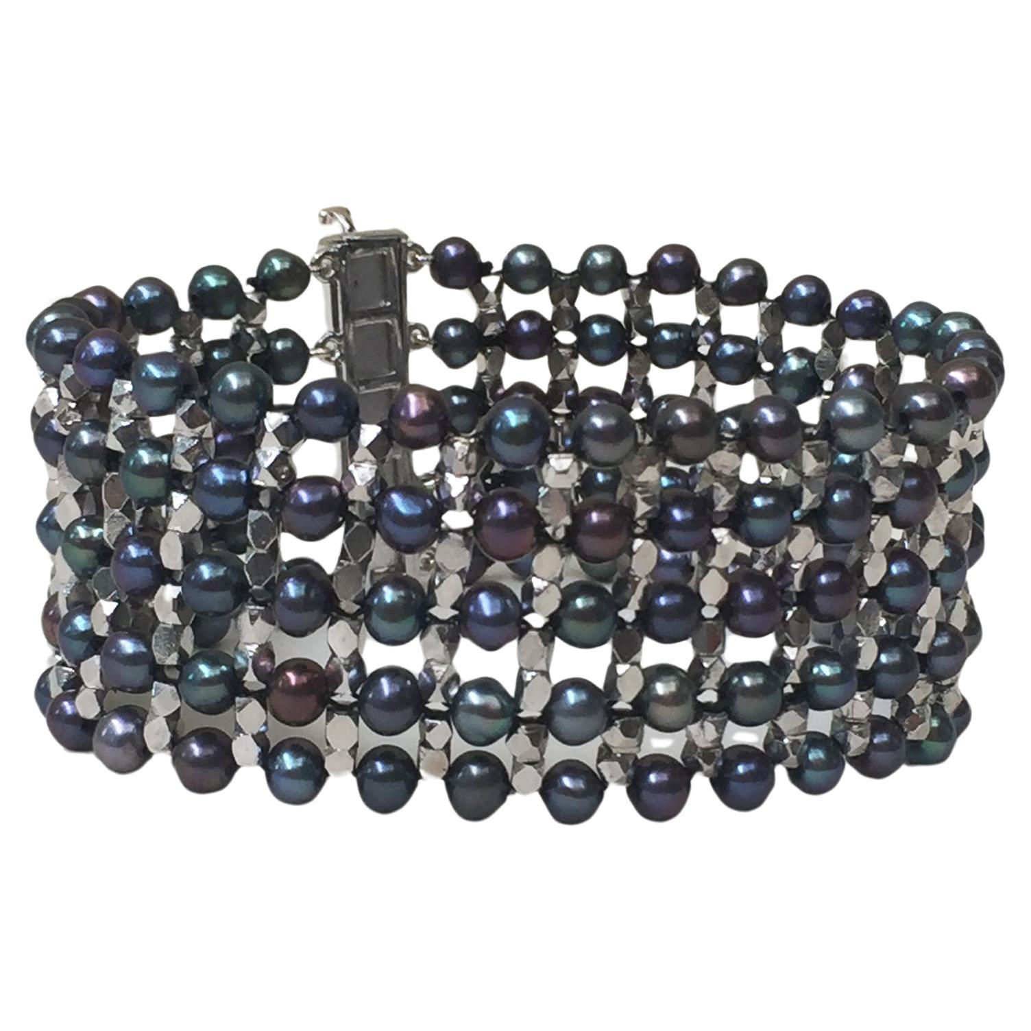 Marina J. Bracciale unisex con perle nere e perline in argento 925 placcato in rodio in vendita