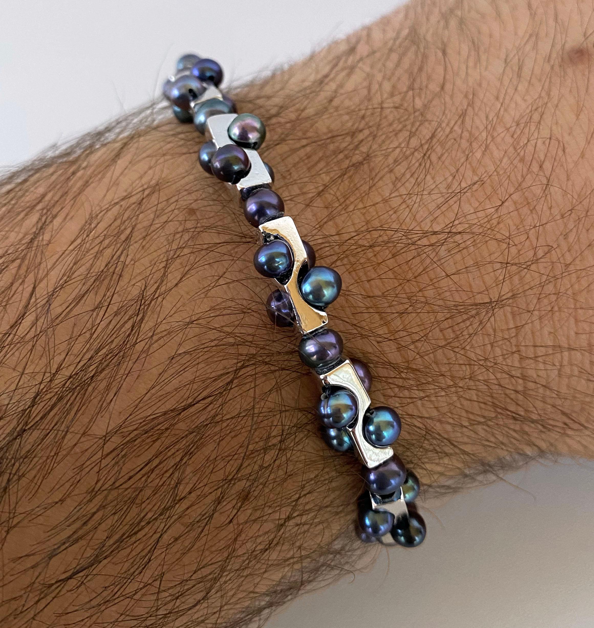 Marina J. Bracelet géométrique unisexe avec perles noires et or blanc 14 carats en vente 2