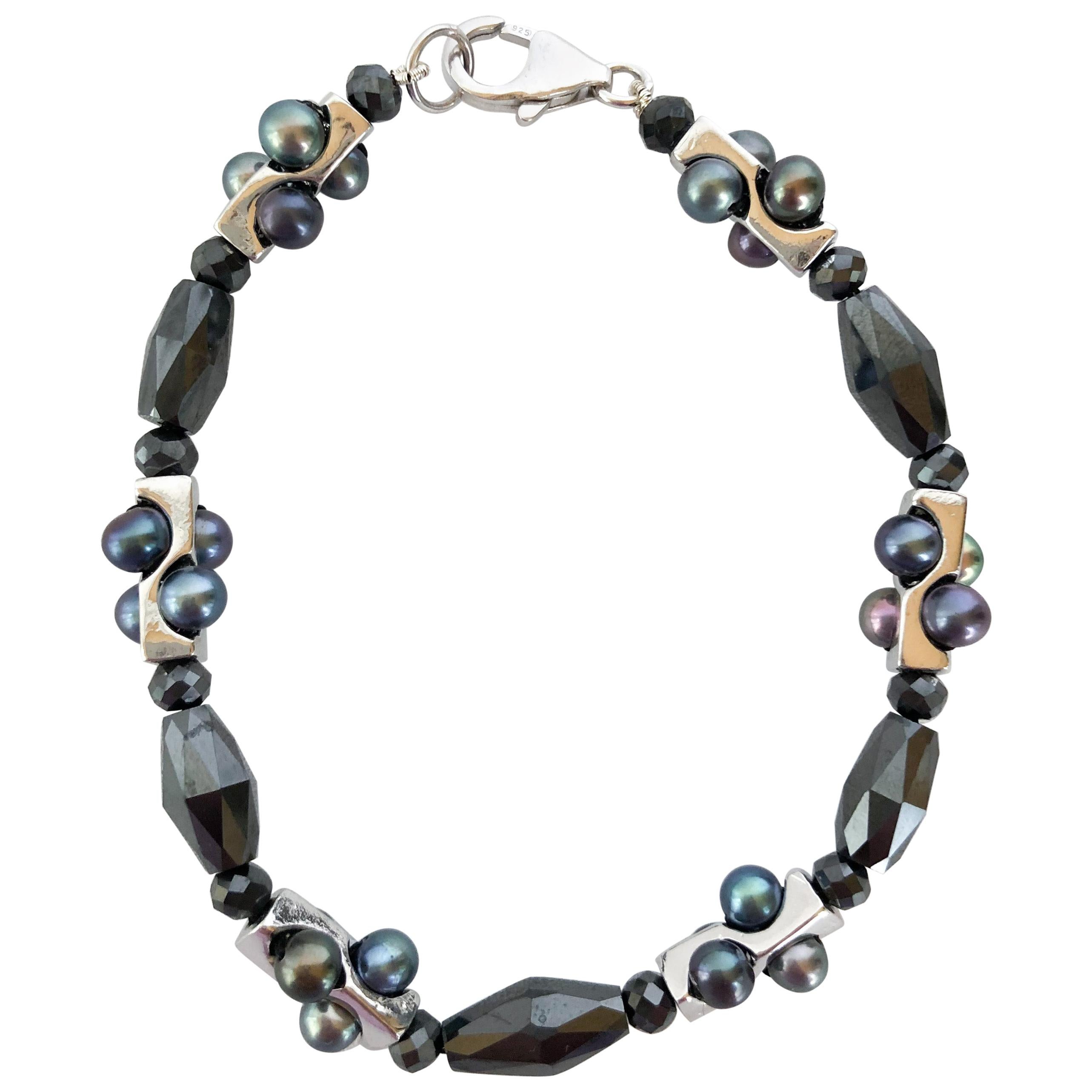 Marina J. Unisex Infinity Bracelet w Black Pearls, Black Spinel & 14K White Gold For Sale