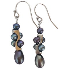 Marina J. Pendientes unisex con perlas negras y plata chapada en oro blanco de 14k