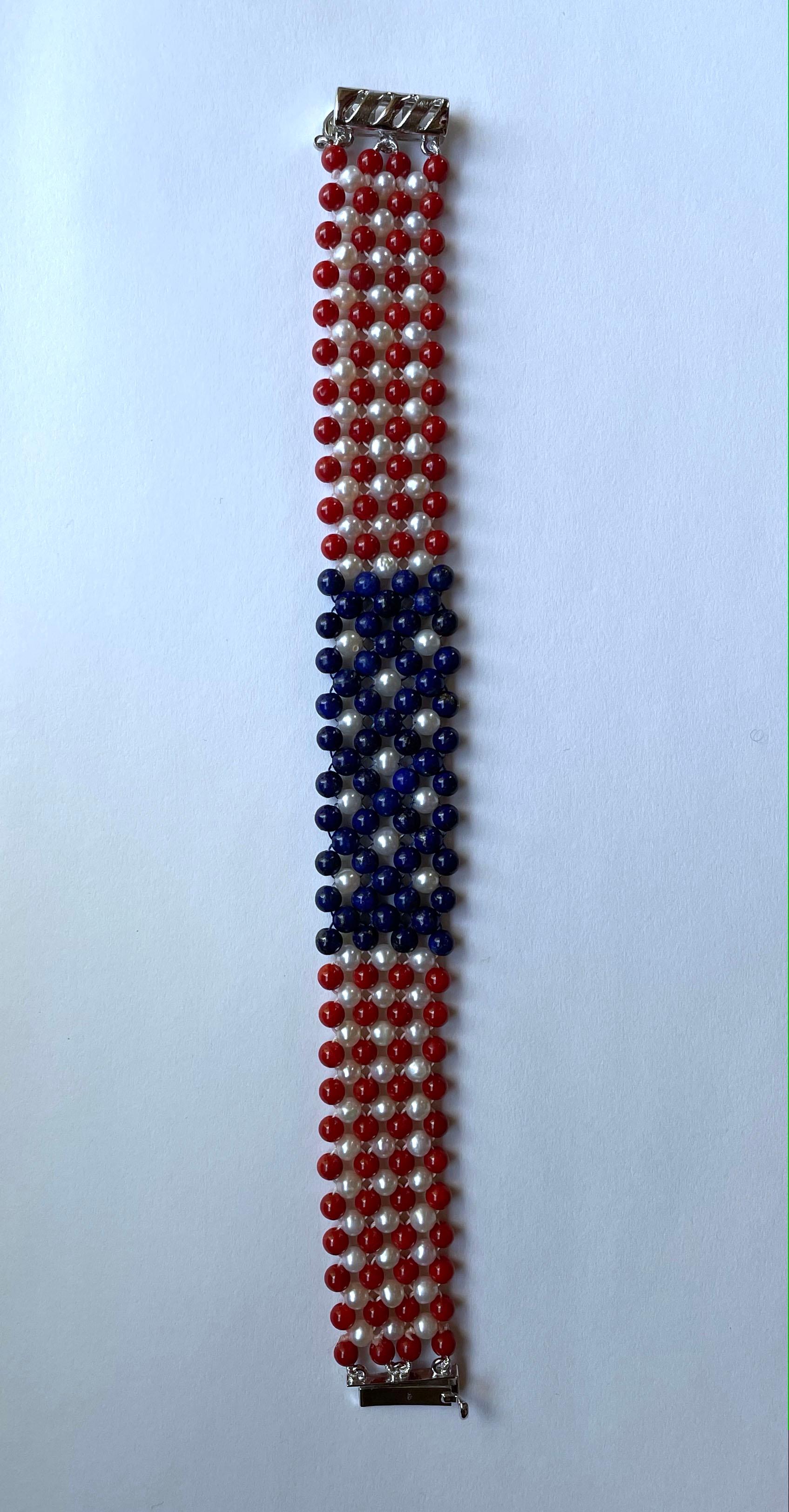 Marina J. Unisex Pearl, Lapis & Coral Woven American Flag Bracelet with 14k Gold For Sale 11