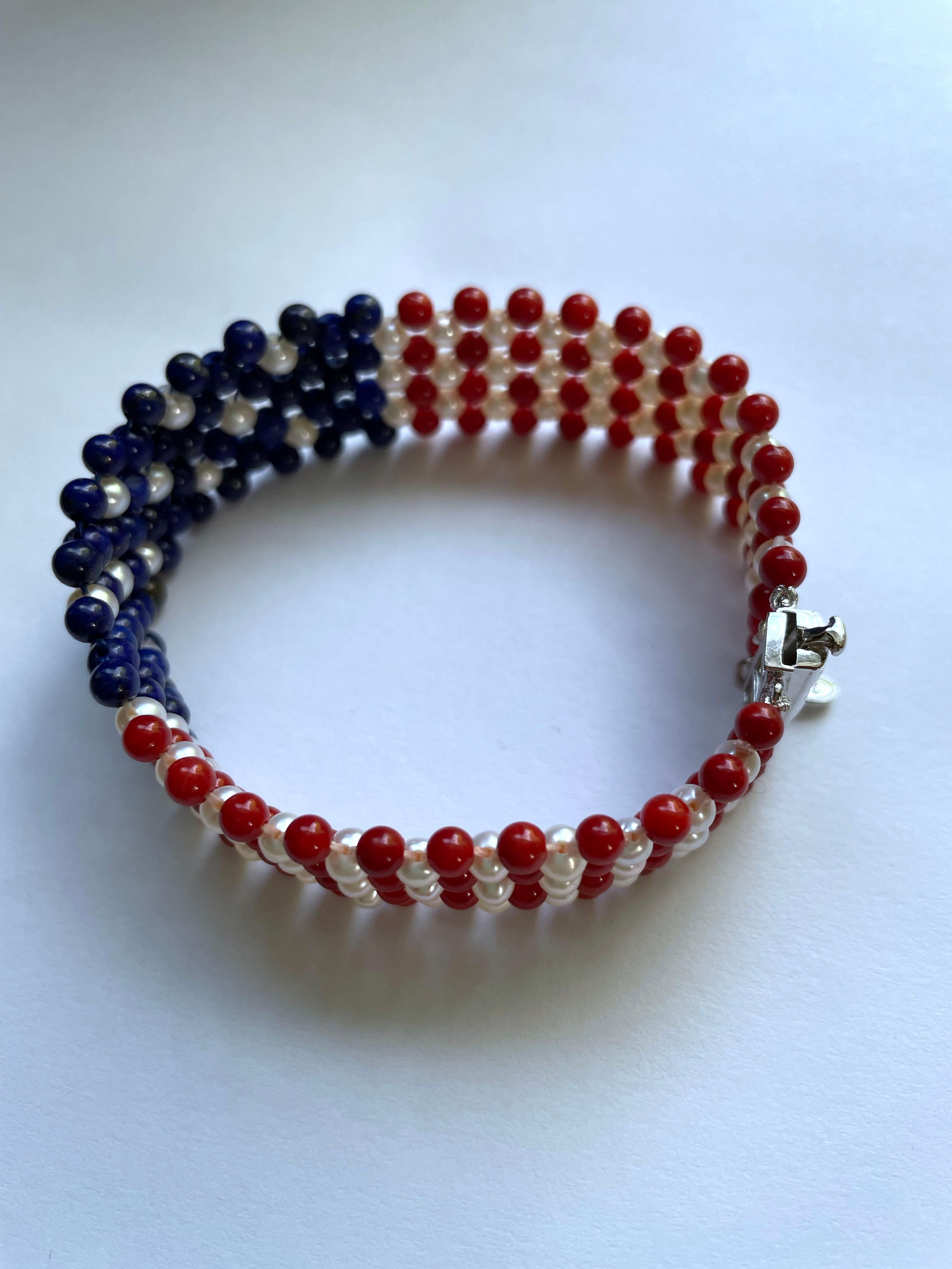 Marina J. Unisex Pearl, Lapis & Coral Woven American Flag Bracelet with 14k Gold For Sale 12