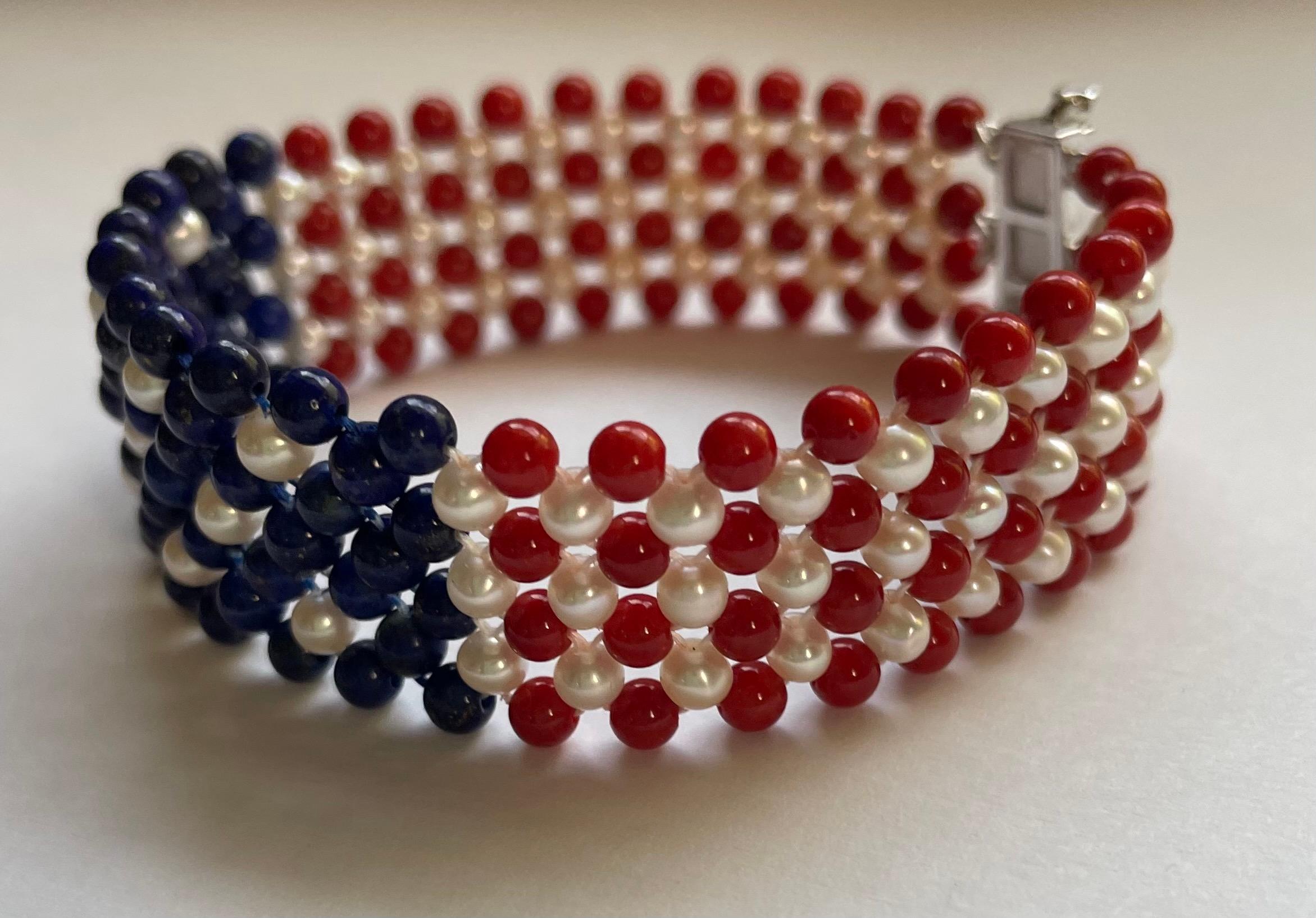 Marina J. Unisex Pearl, Lapis & Coral Woven American Flag Bracelet with 14k Gold For Sale 10