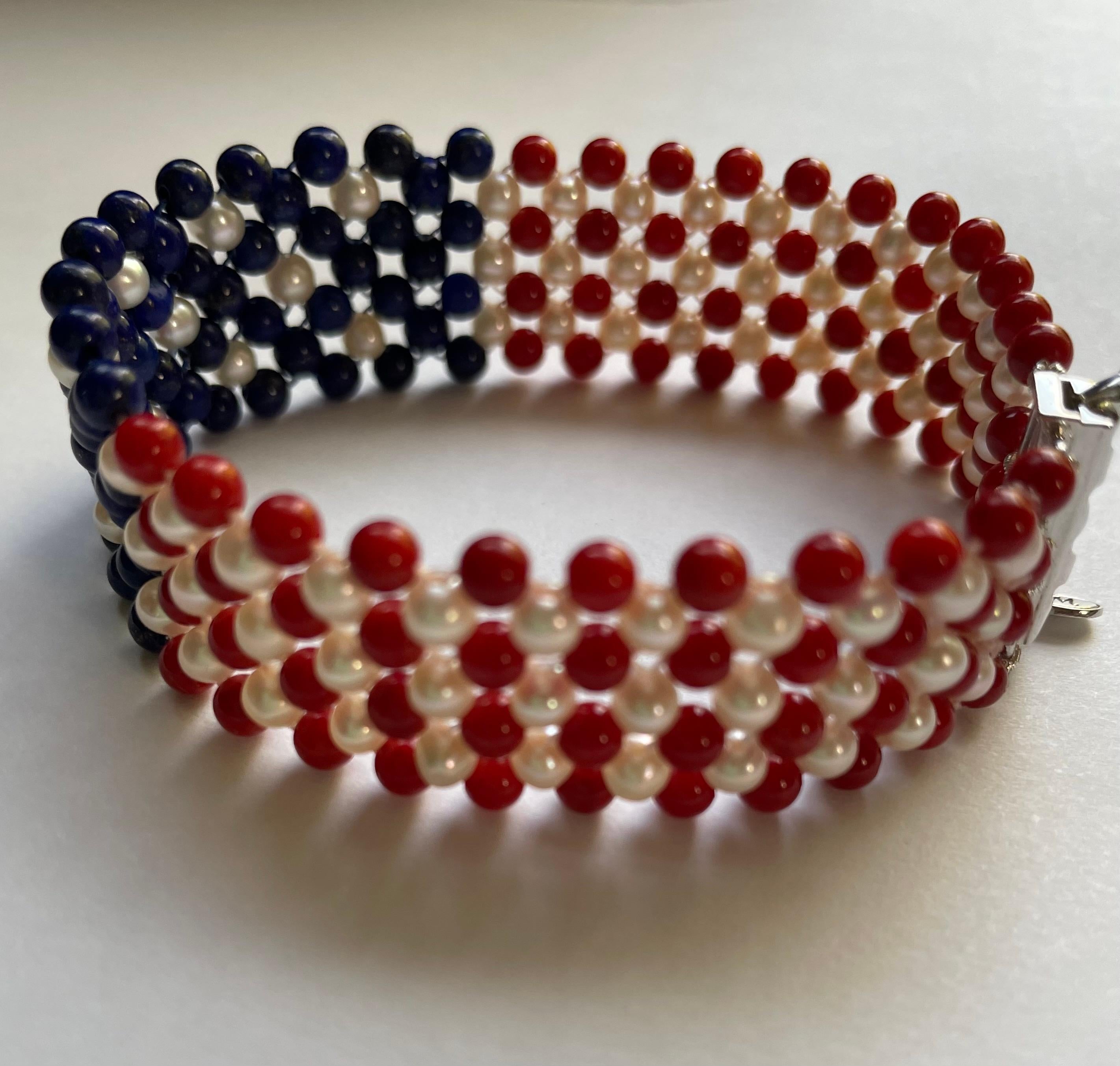 Marina J. Unisex Pearl, Lapis & Coral Woven American Flag Bracelet with 14k Gold In New Condition For Sale In Los Angeles, CA