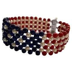 Marina J. Unisex Perle, Lapis & Koralle gewebt amerikanische Flagge Armband mit 14k Gold