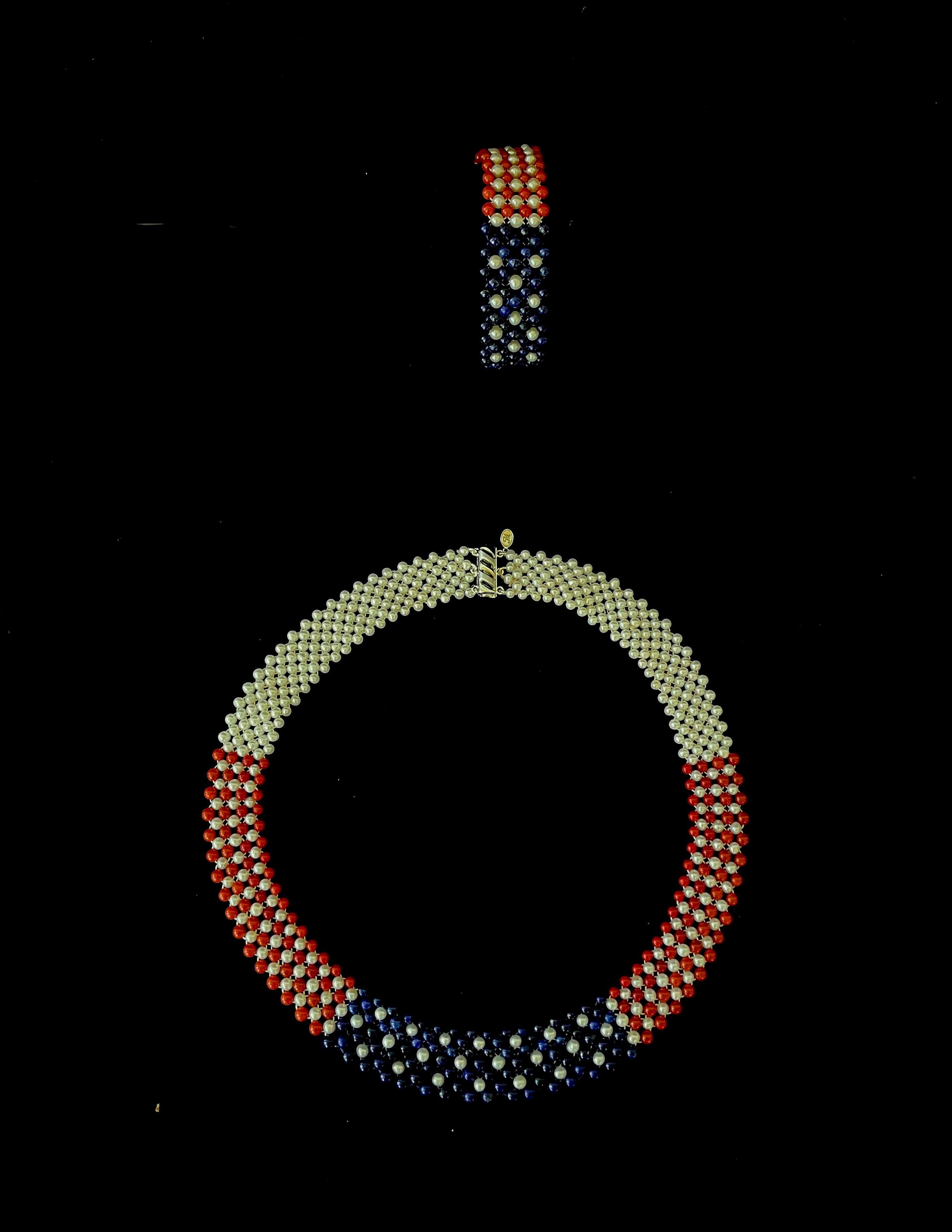 Marina J. Bracelet unisexe unisexe en or 14 carats avec perles, lapis et corail tissé du drapeau américain en vente 15
