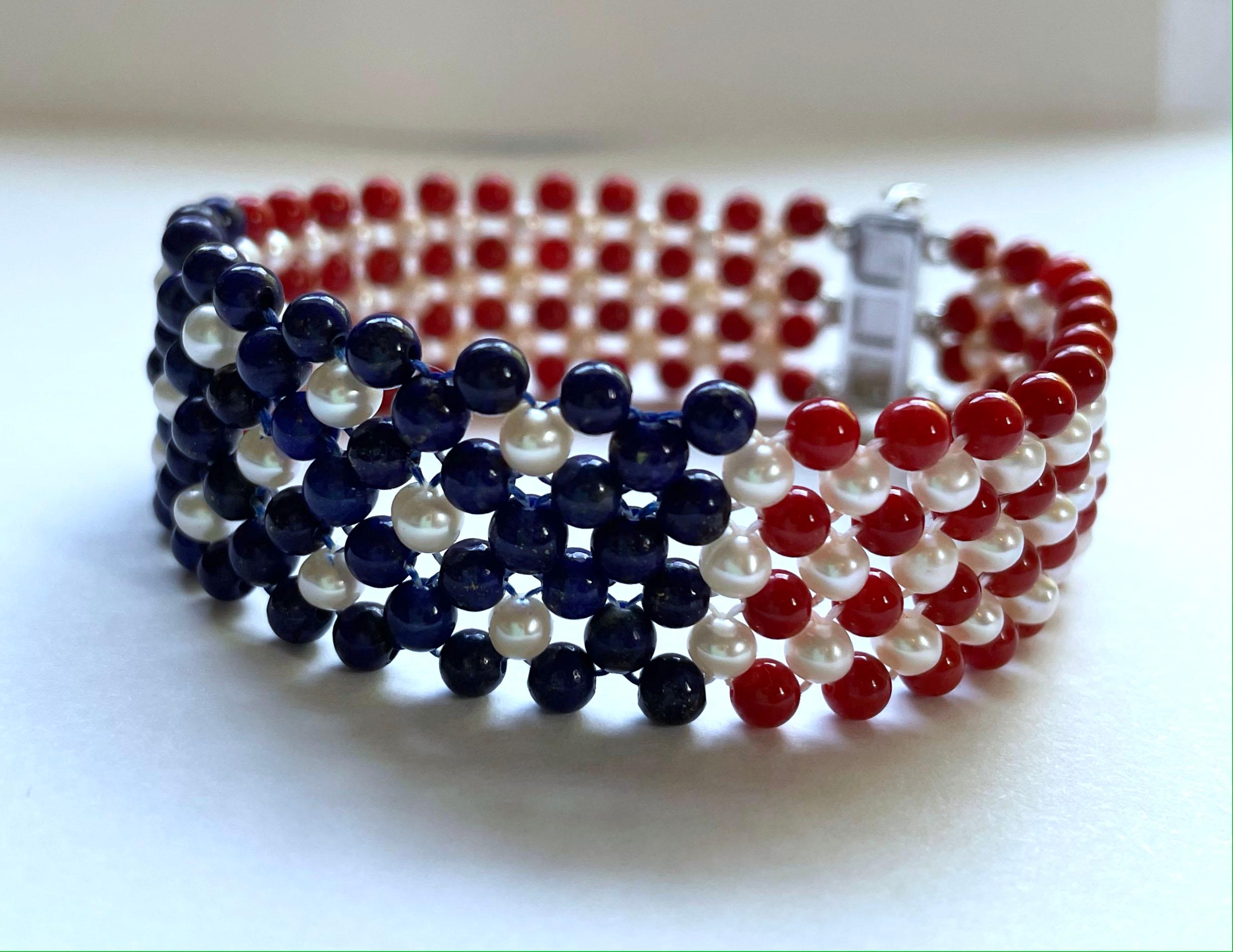 Marina J. Unisex Pearl, Lapis & Coral Woven American Flag Bracelet with 14k Gold For Sale 2