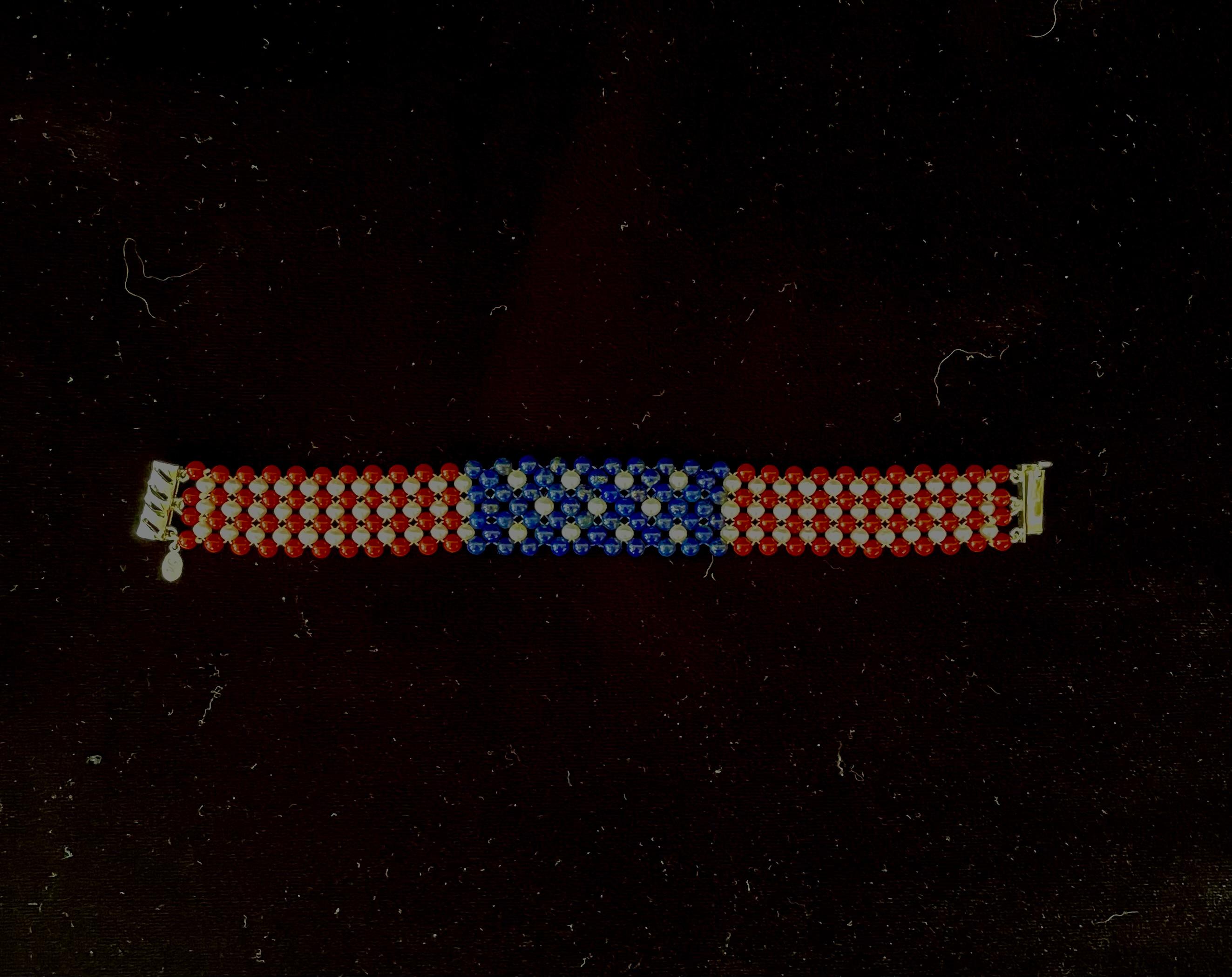 Bead Marina J. Unisex Pearl, Lapis & Coral Woven American Flag Bracelet with 14k Gold For Sale