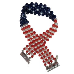Marina J. Unisex Pearl, Lapis & Coral Woven American Flag Bracelet with 14k Gold