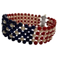Marina J. Unisex Pearl, Lapis & Coral Woven American Flag Bracelet with 14k Gold