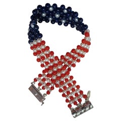 Marina J. Unisex Perle, Lapis & Koralle gewebt amerikanische Flagge Armband mit 14k Gold
