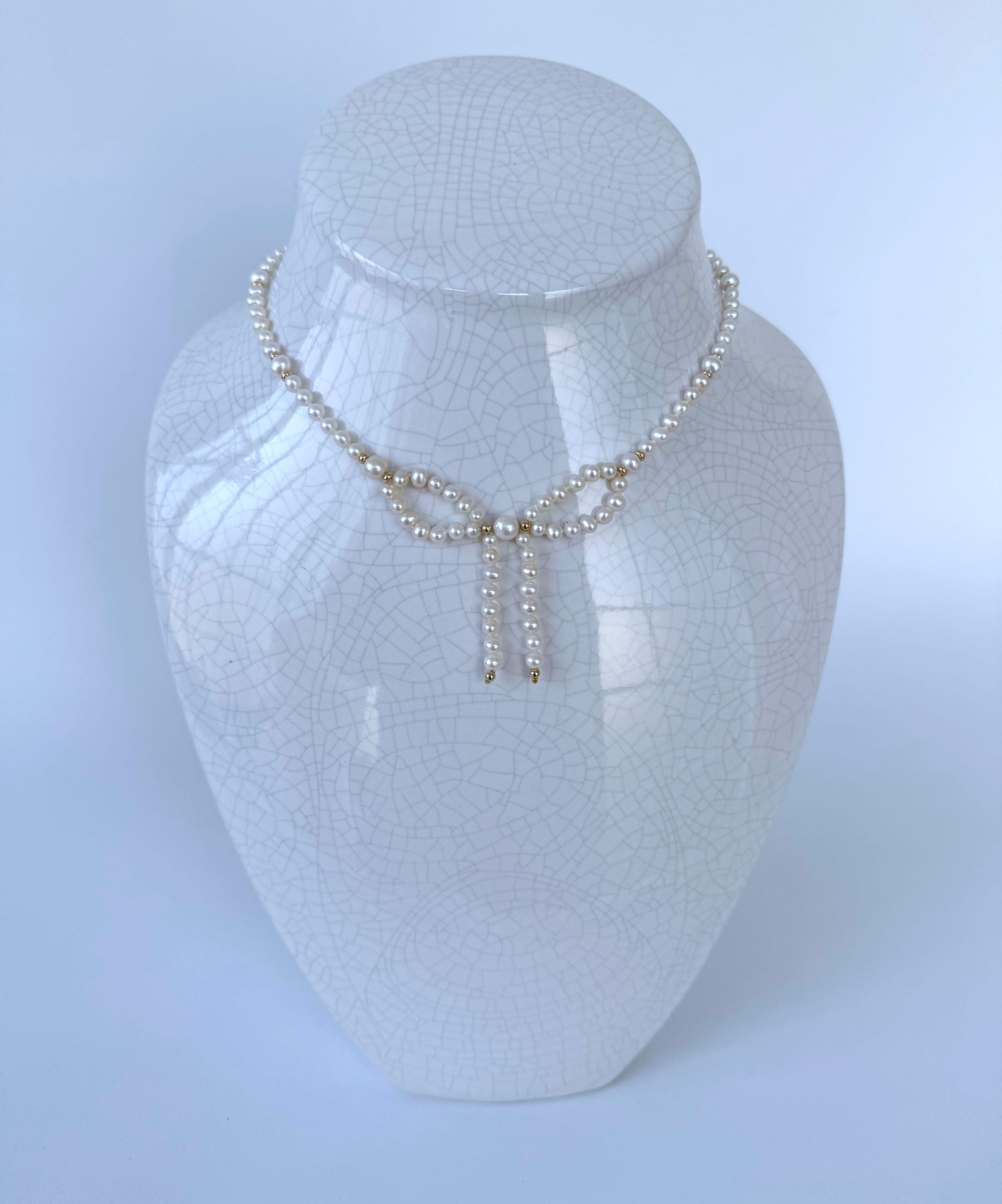 Bead Marina J. Valentine's Pearl & Solid 14k Yellow Gold Bow Adjustable Necklace For Sale