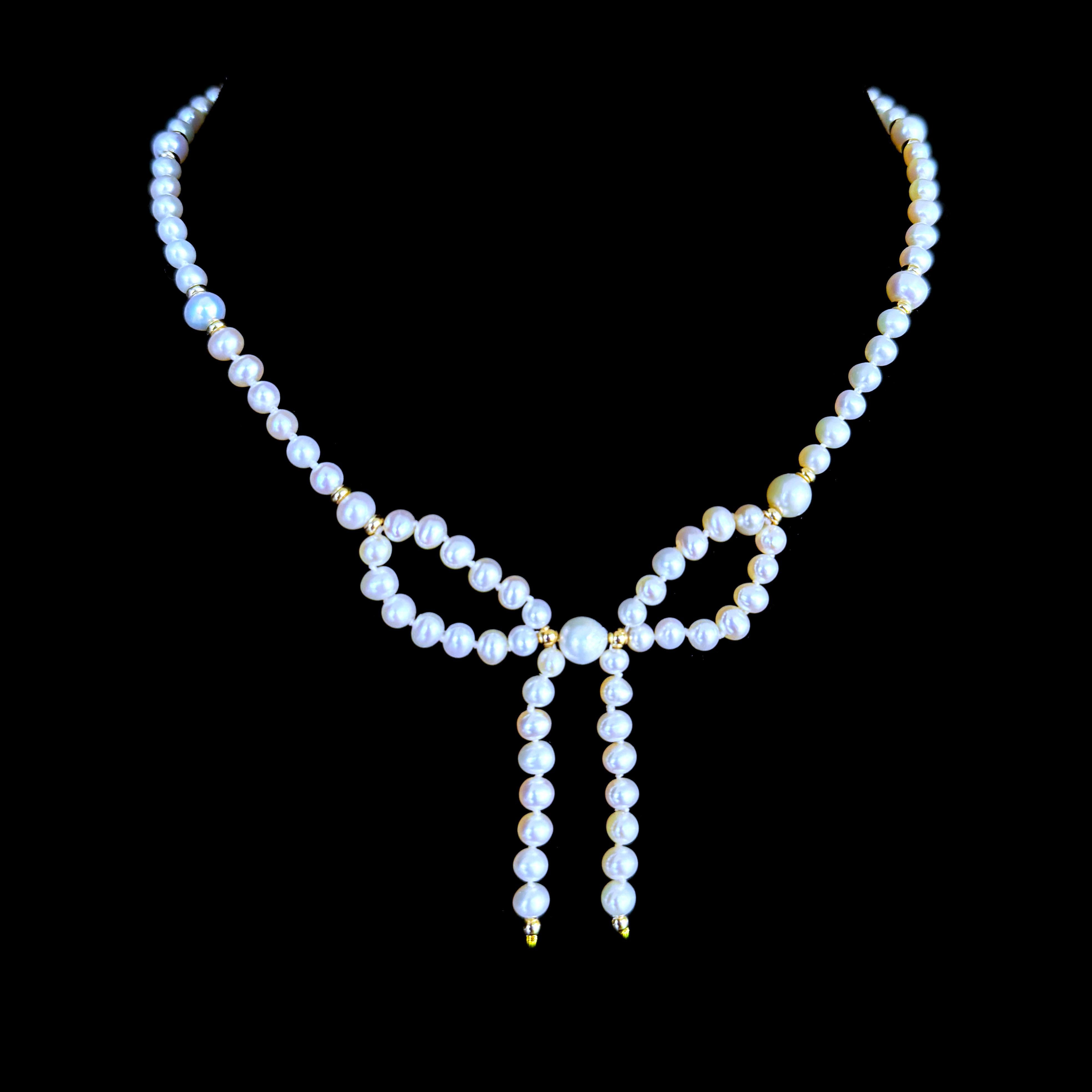Marina J. Valentine's Pearl & Solid 14k Yellow Gold Bow Adjustable Necklace In New Condition For Sale In Los Angeles, CA