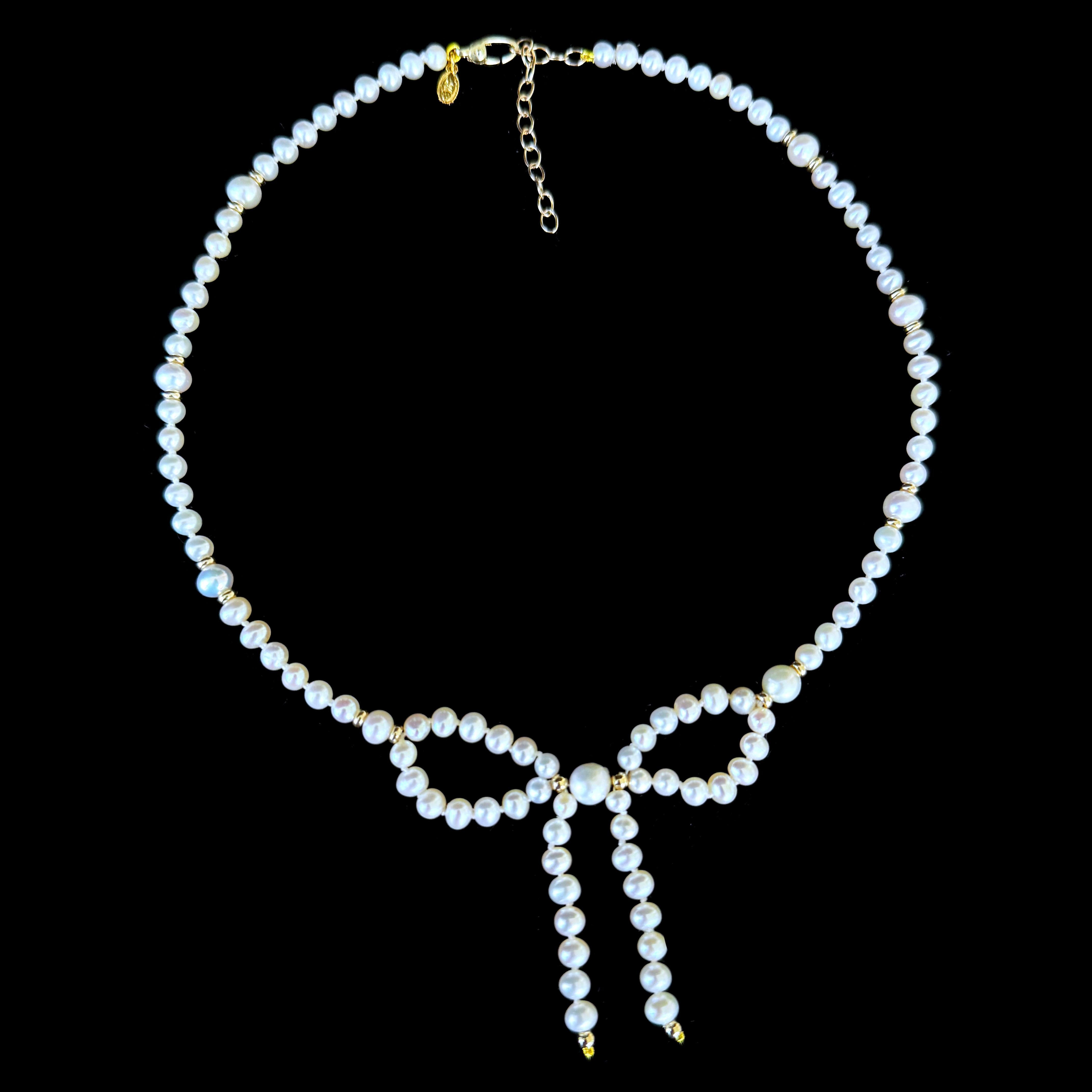 Women's Marina J. Valentine's Pearl & Solid 14k Yellow Gold Bow Adjustable Necklace For Sale