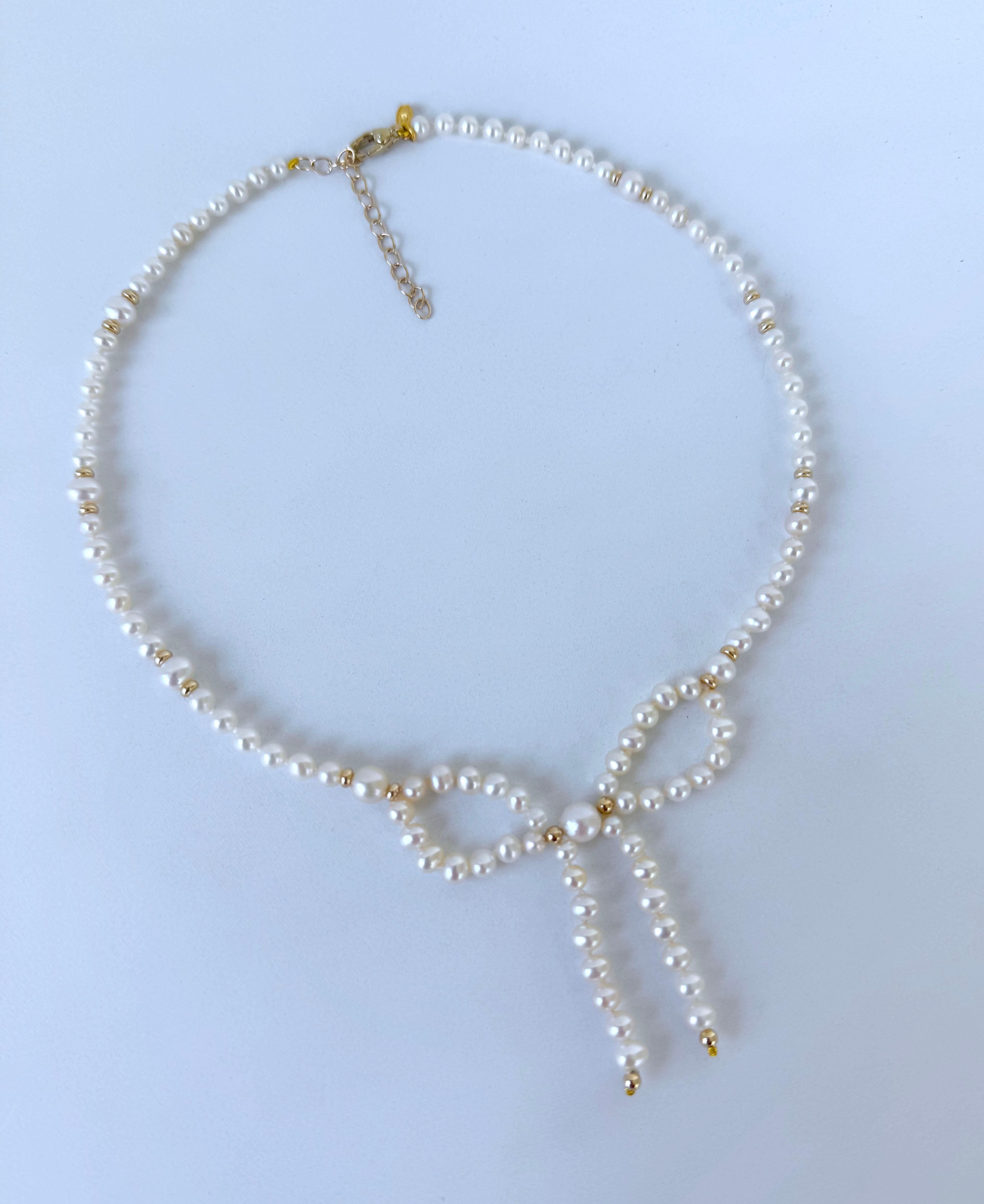 Marina J. Valentine's Pearl & Solid 14k Yellow Gold Bow Adjustable Necklace For Sale 1