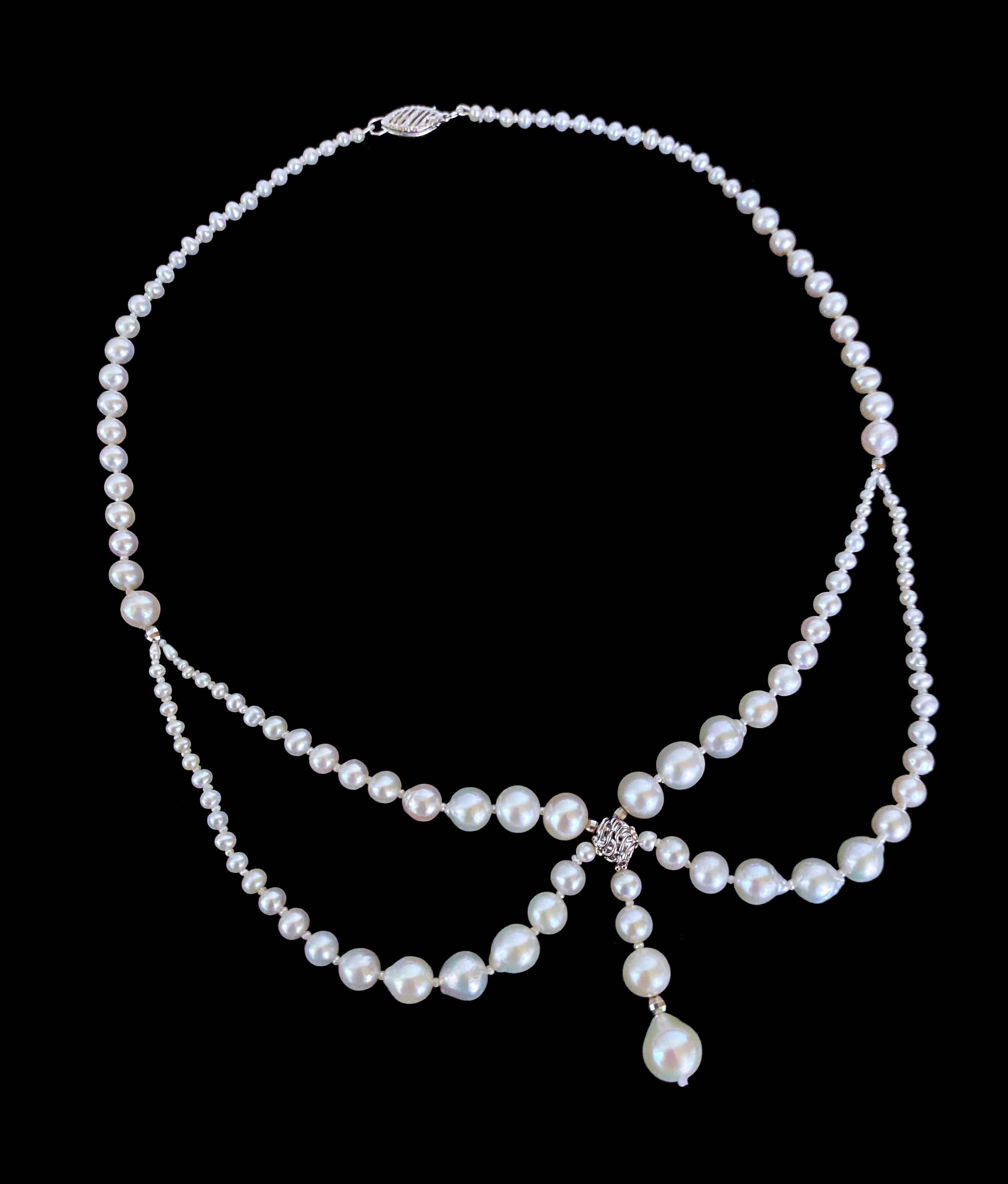 Women's Marina J. Victorian Inspired Draped Pearl and Silver Rhodium PlatedNecklace For Sale