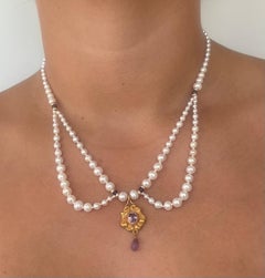 Marina J. Vintage-Halskette aus 10-karätigem englischem Gold mit Amethysten und Perlen in drapiertem Design