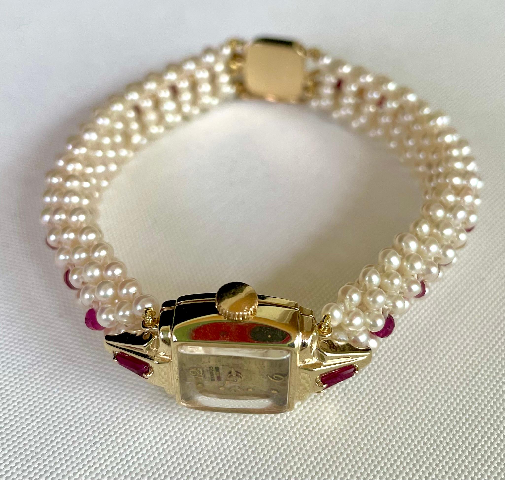 Marina J. Vintage 14k Yellow Gold Watch with Woven Pearl, Ruby Band & Gold Clasp For Sale 4