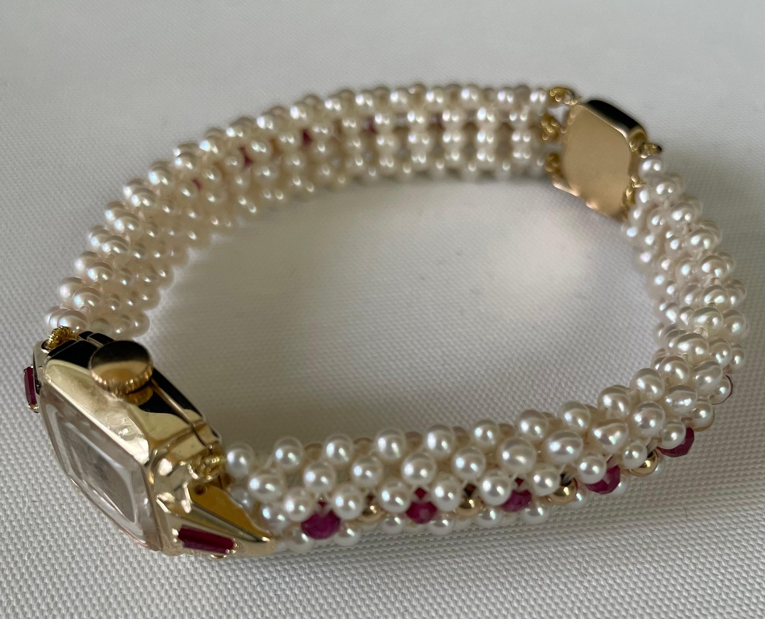 Marina J. Vintage 14k Yellow Gold Watch with Woven Pearl, Ruby Band & Gold Clasp For Sale 5