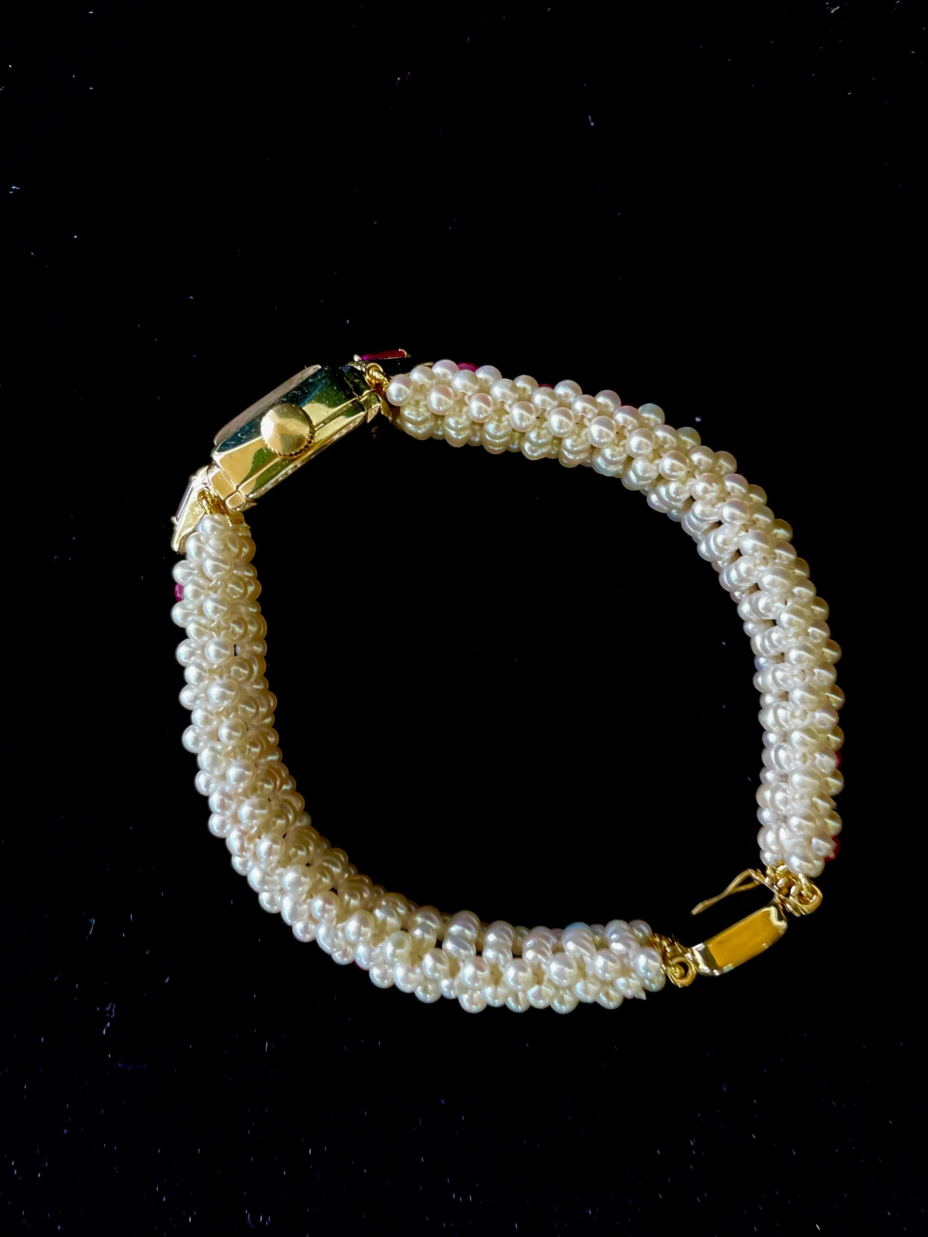Montre vintage Marina J. en or jaune 14 carats avec perle tissée, bracelet en rubis et fermoir en or en vente 8