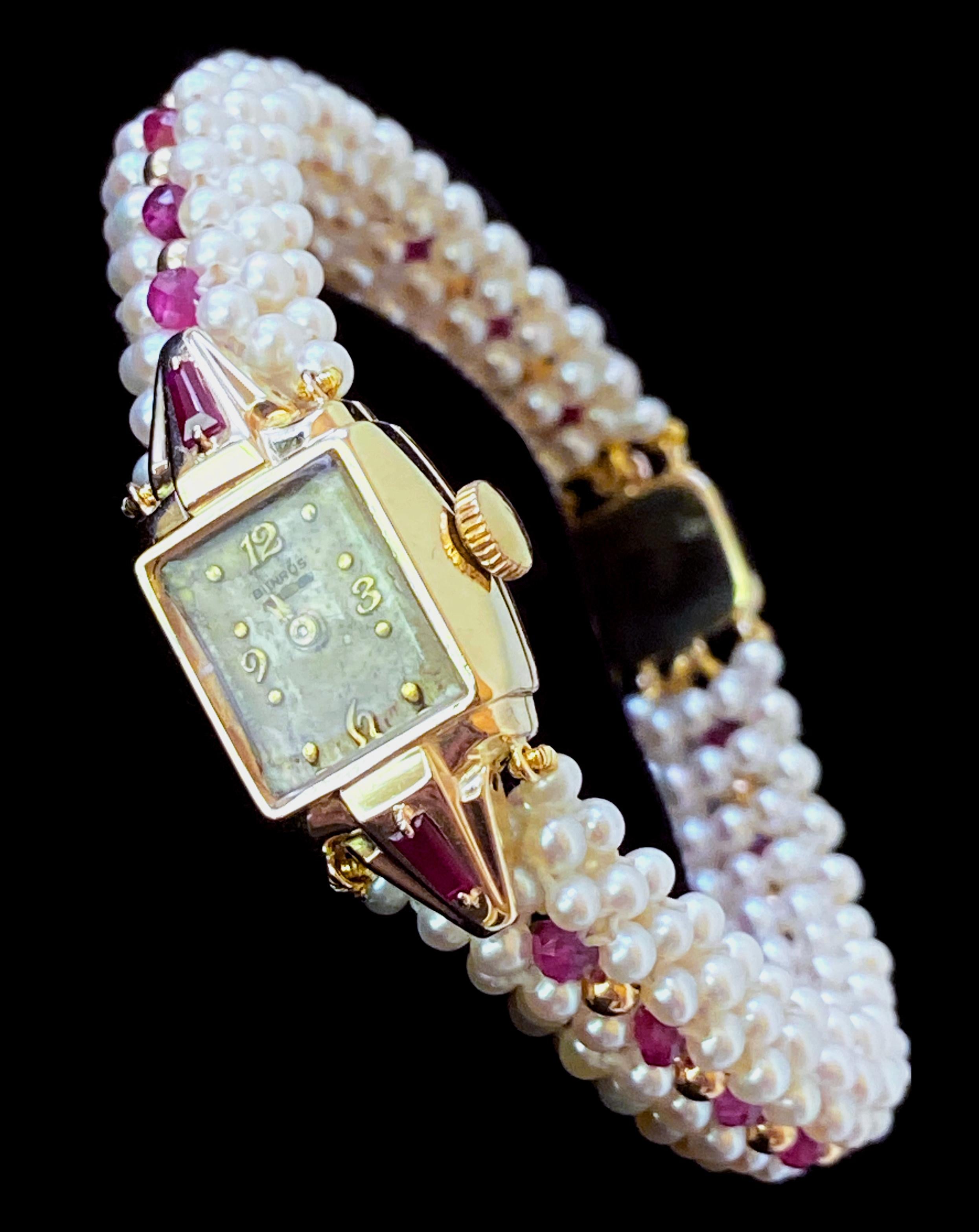 Marina J. Vintage 14k Yellow Gold Watch with Woven Pearl, Ruby Band & Gold Clasp For Sale 7