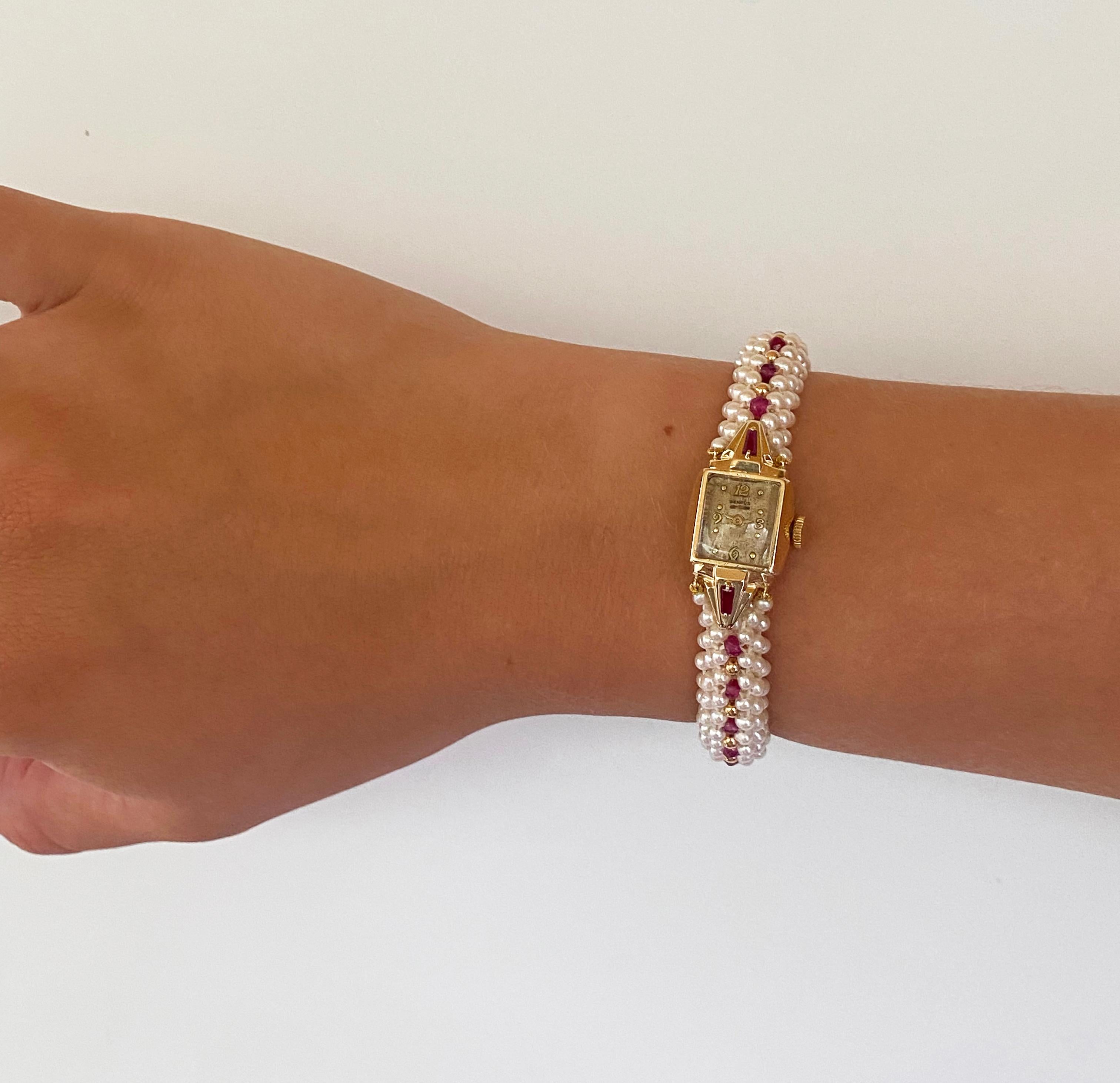 Marina J. Vintage 14k Yellow Gold Watch with Woven Pearl, Ruby Band & Gold Clasp For Sale 9