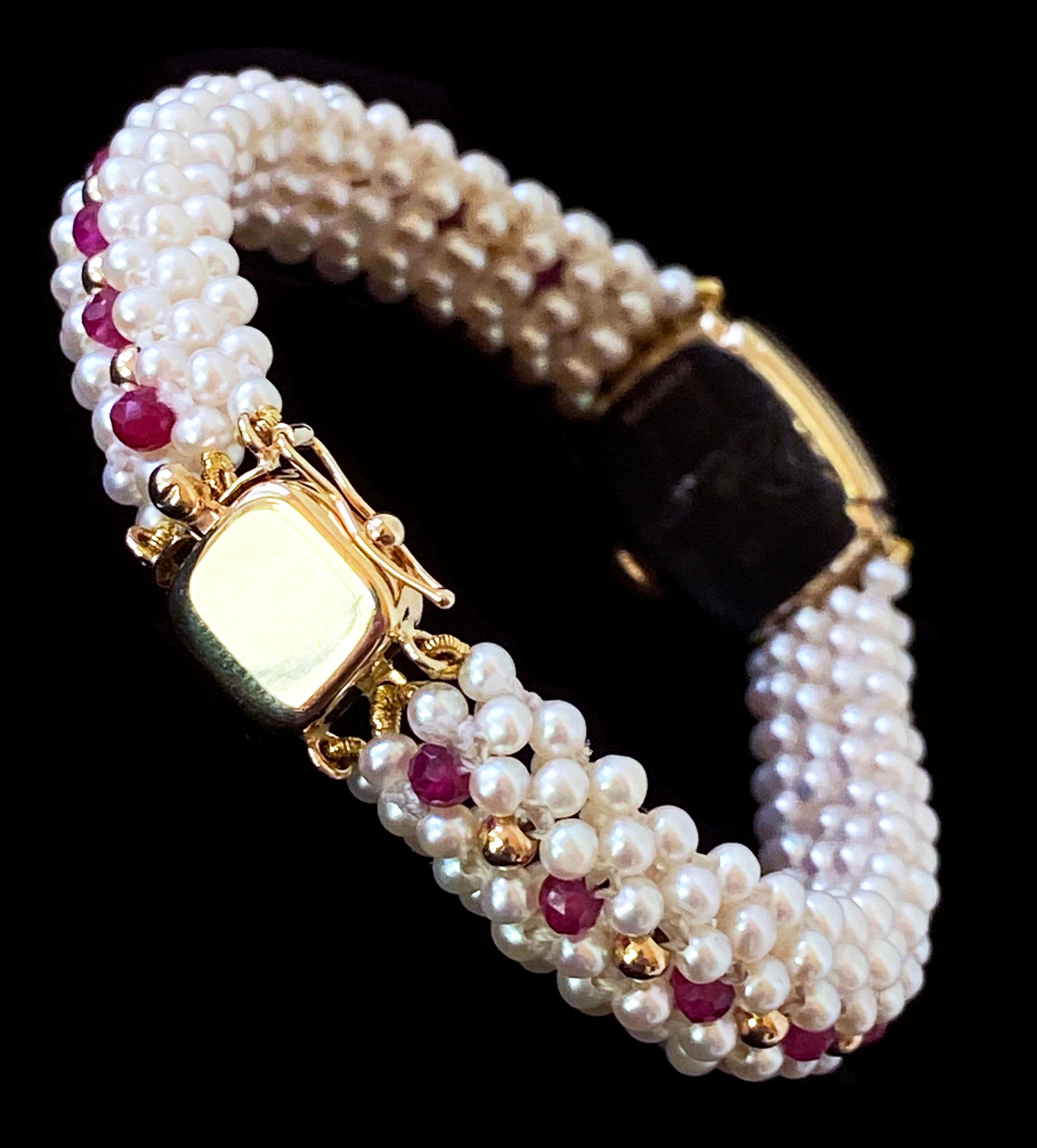 Marina J. Vintage 14k Yellow Gold Watch with Woven Pearl, Ruby Band & Gold Clasp For Sale 8