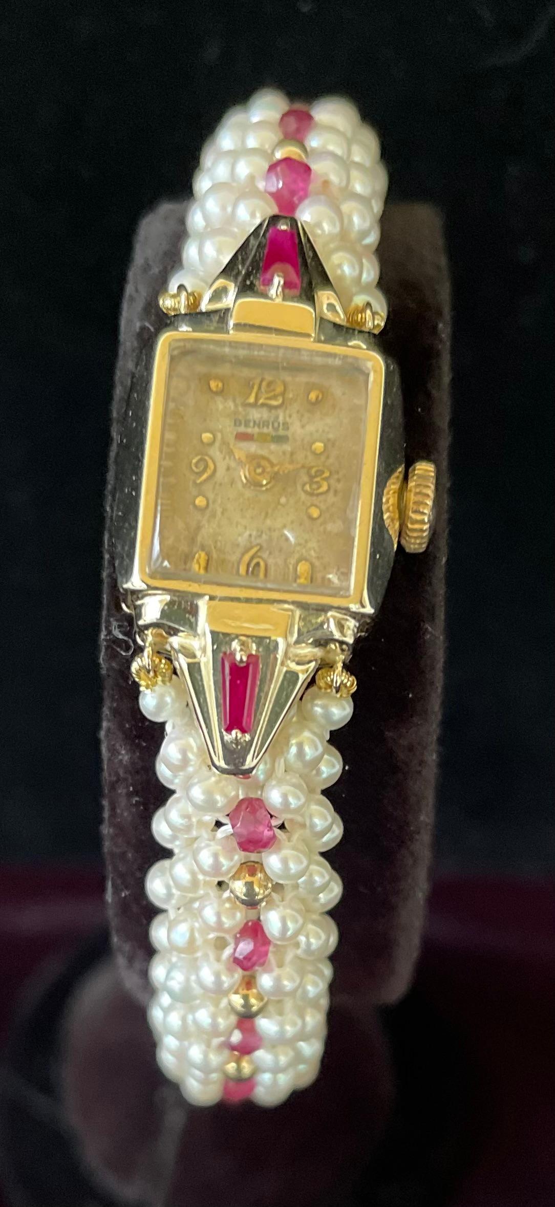 Women's Marina J. Vintage 14k Yellow Gold Watch with Woven Pearl, Ruby Band & Gold Clasp For Sale