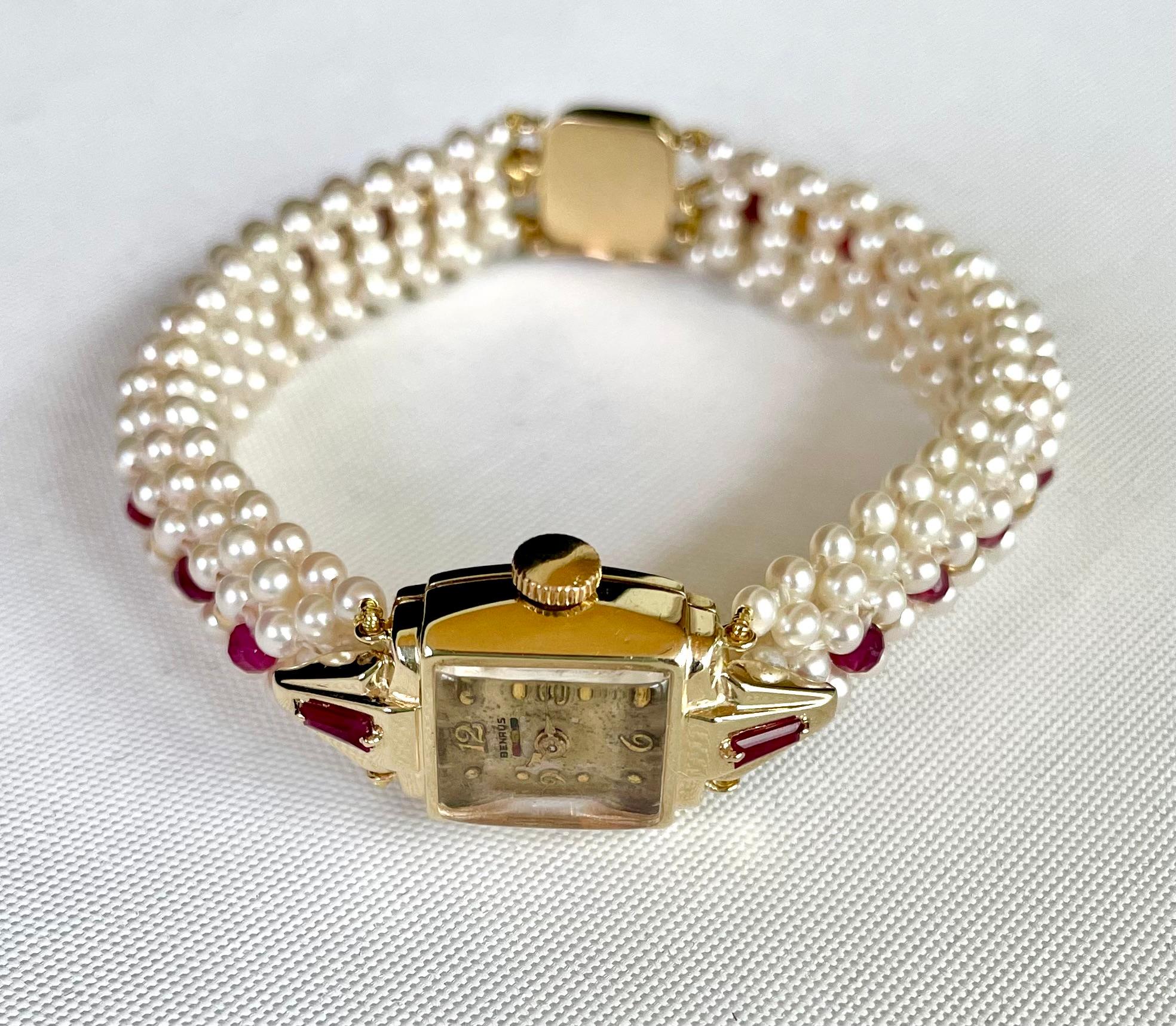 Marina J. Vintage 14k Yellow Gold Watch with Woven Pearl, Ruby Band & Gold Clasp For Sale 1