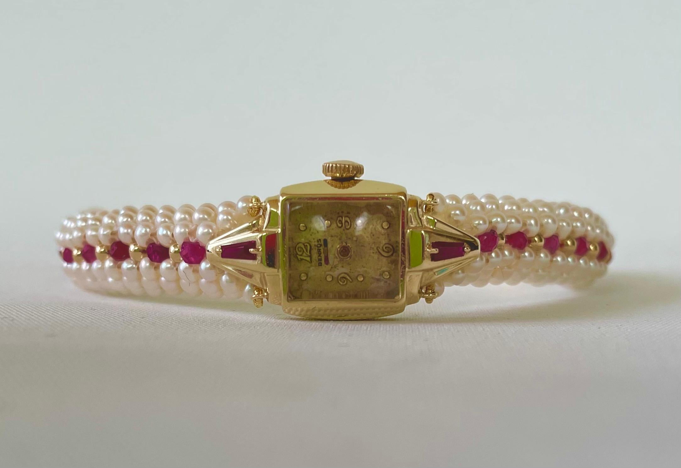 Marina J. Vintage 14k Yellow Gold Watch with Woven Pearl, Ruby Band & Gold Clasp For Sale 2