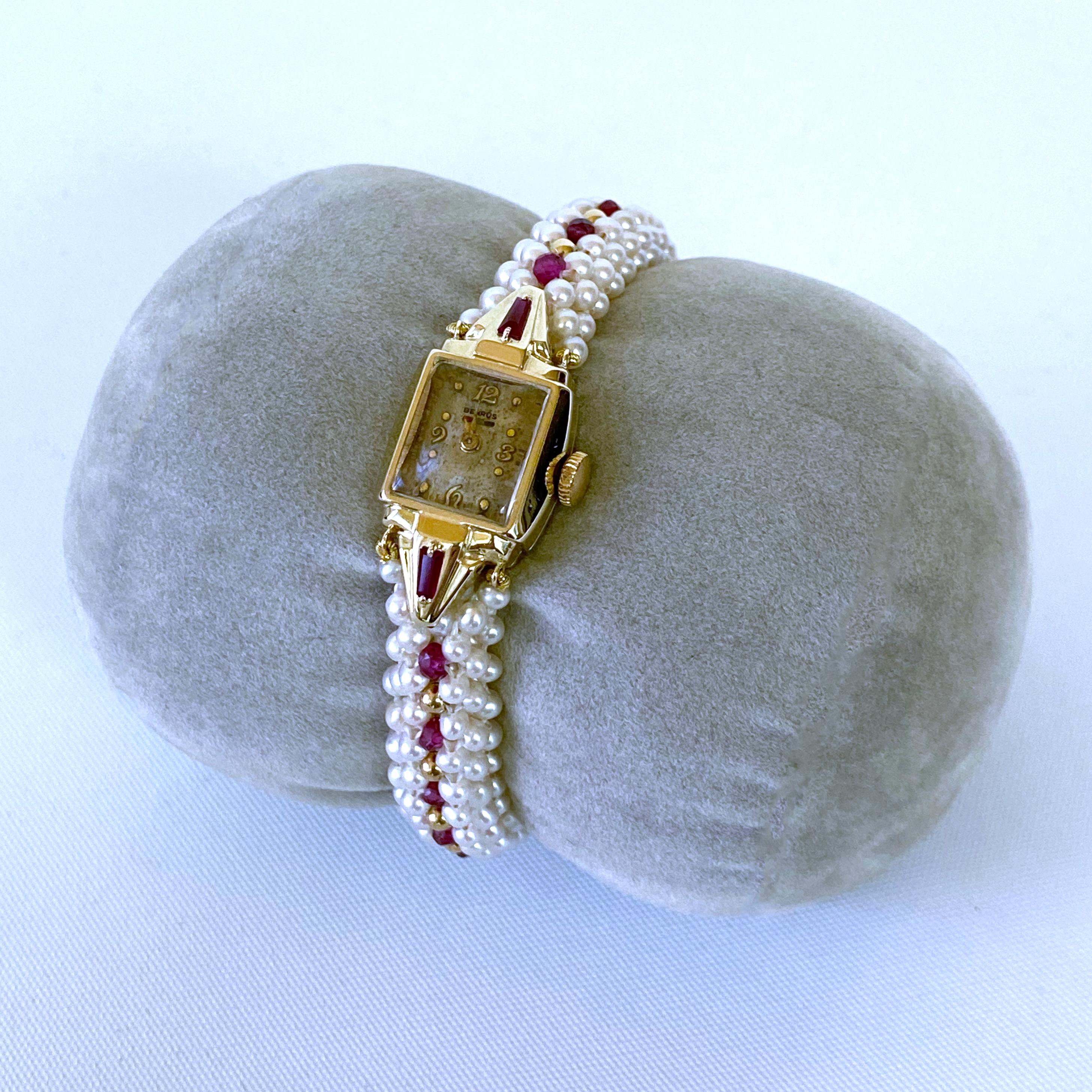 Hexagon Cut Marina J. Vintage 14k Yellow Gold Watch with Woven Pearl, Ruby Band & Gold Clasp For Sale