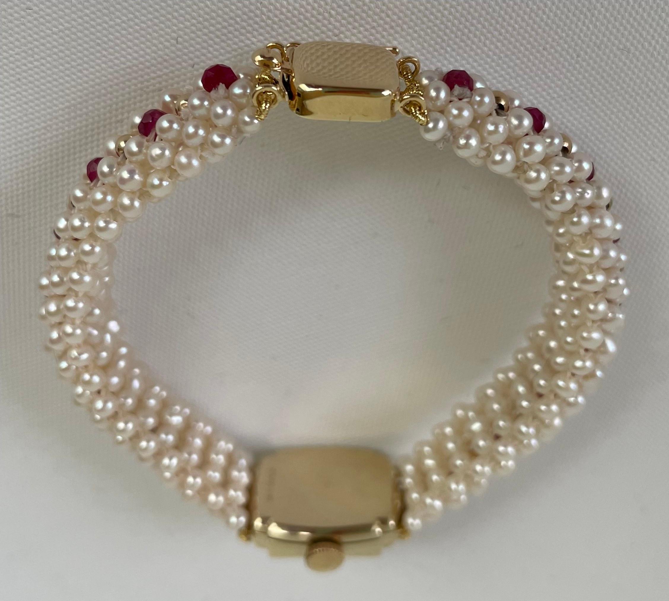 Marina J. Vintage 14k Yellow Gold Watch with Woven Pearl, Ruby Band & Gold Clasp For Sale 3
