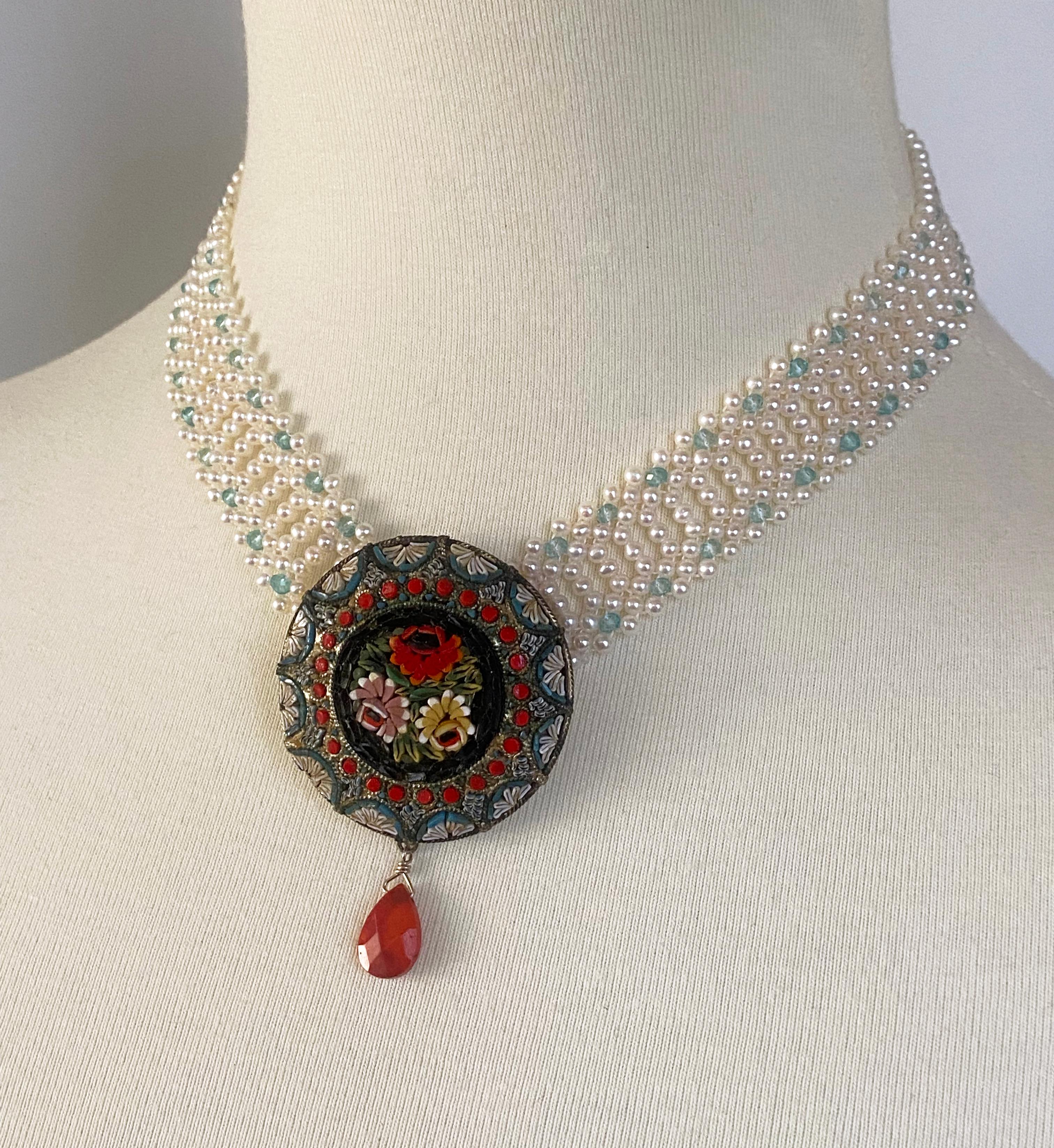 Marina J., Mosaik-Halskette im Vintage-Stil mit Aquamarin und mediterraner Koralle (Tropfenschliff) im Angebot