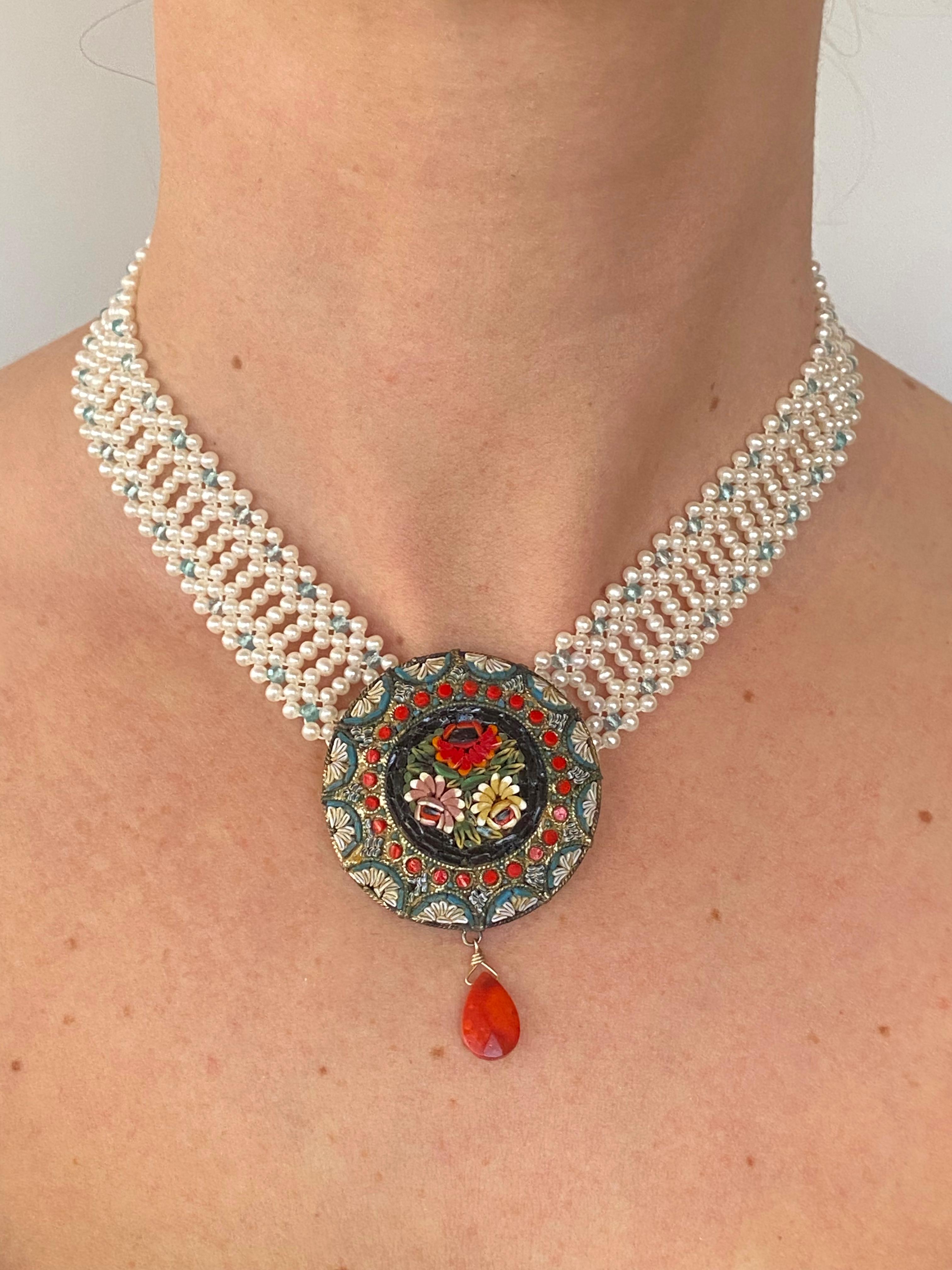 Marina J., Mosaik-Halskette im Vintage-Stil mit Aquamarin und mediterraner Koralle (Kunsthandwerker*in) im Angebot