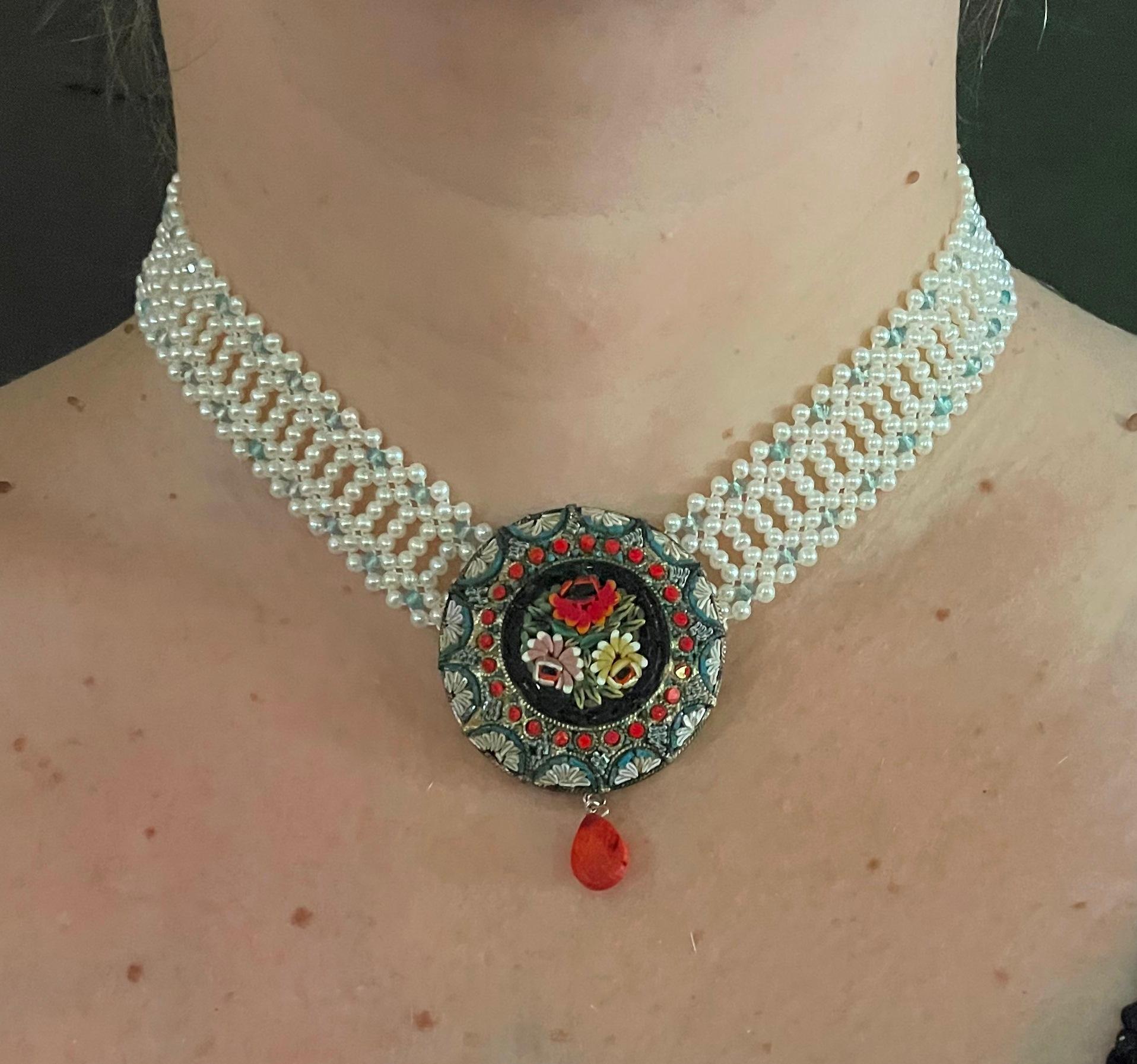 Marina J., Mosaik-Halskette im Vintage-Stil mit Aquamarin und mediterraner Koralle im Angebot 4