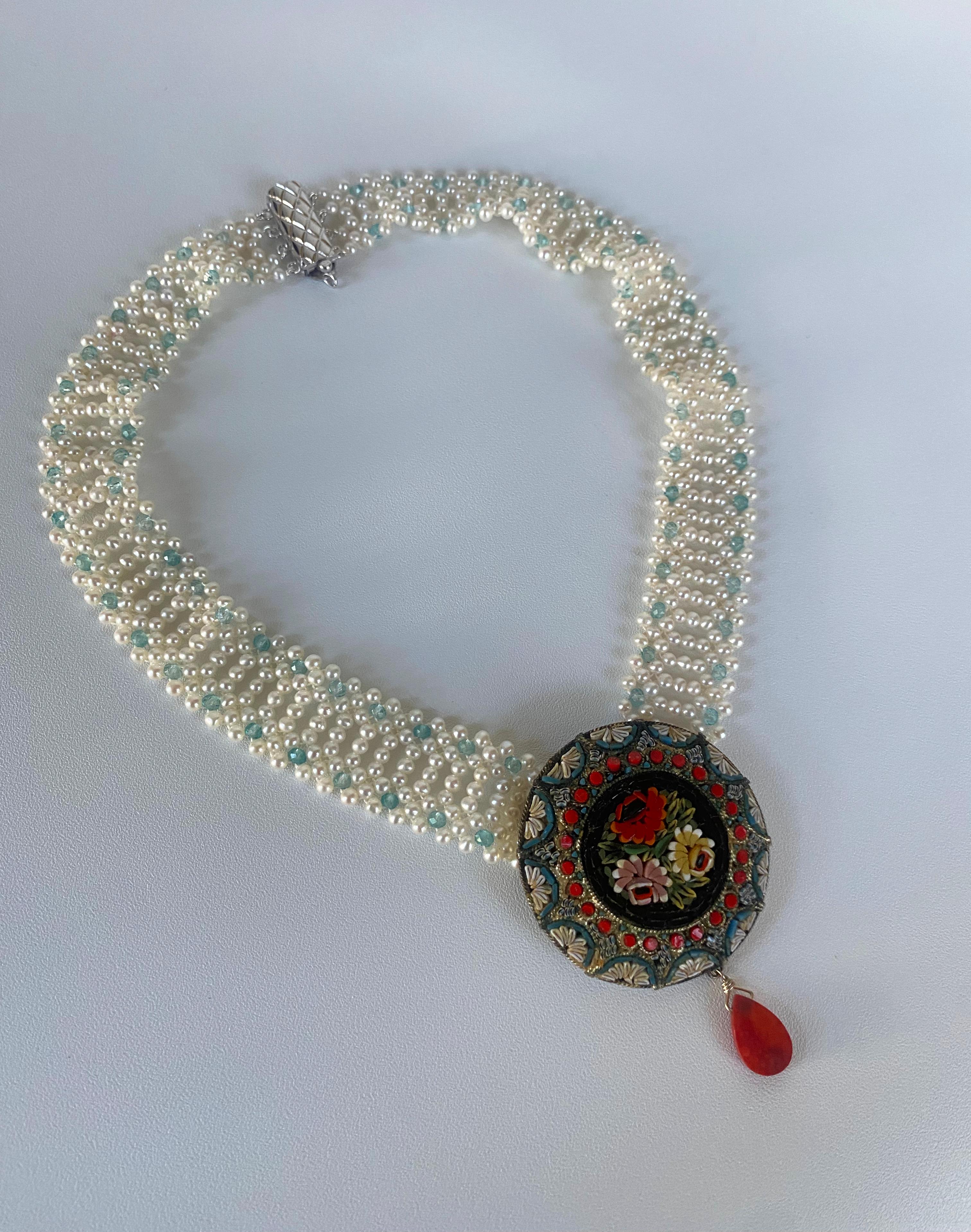 Marina J., Mosaik-Halskette im Vintage-Stil mit Aquamarin und mediterraner Koralle im Angebot 1