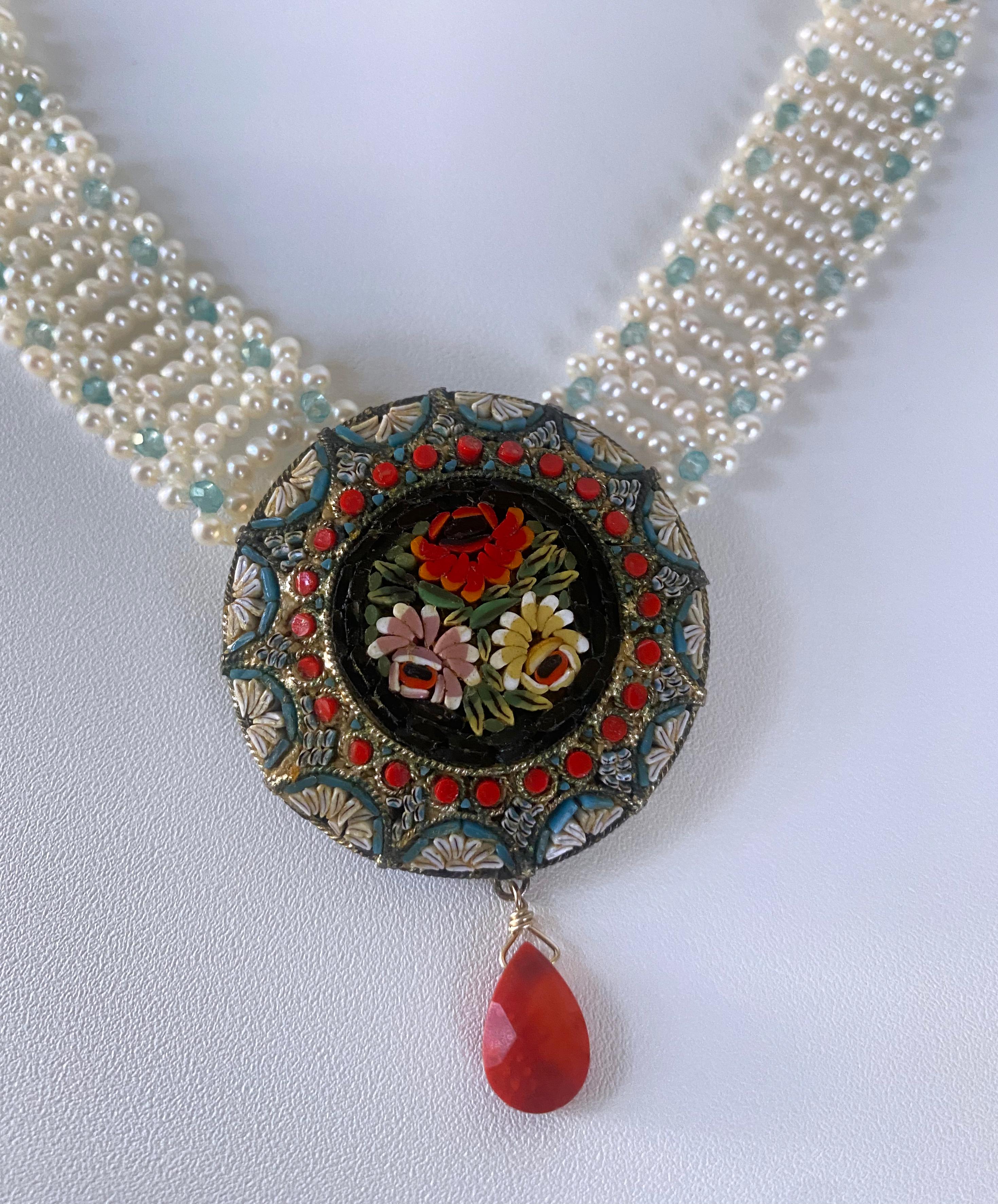 Marina J., Mosaik-Halskette im Vintage-Stil mit Aquamarin und mediterraner Koralle im Angebot 3