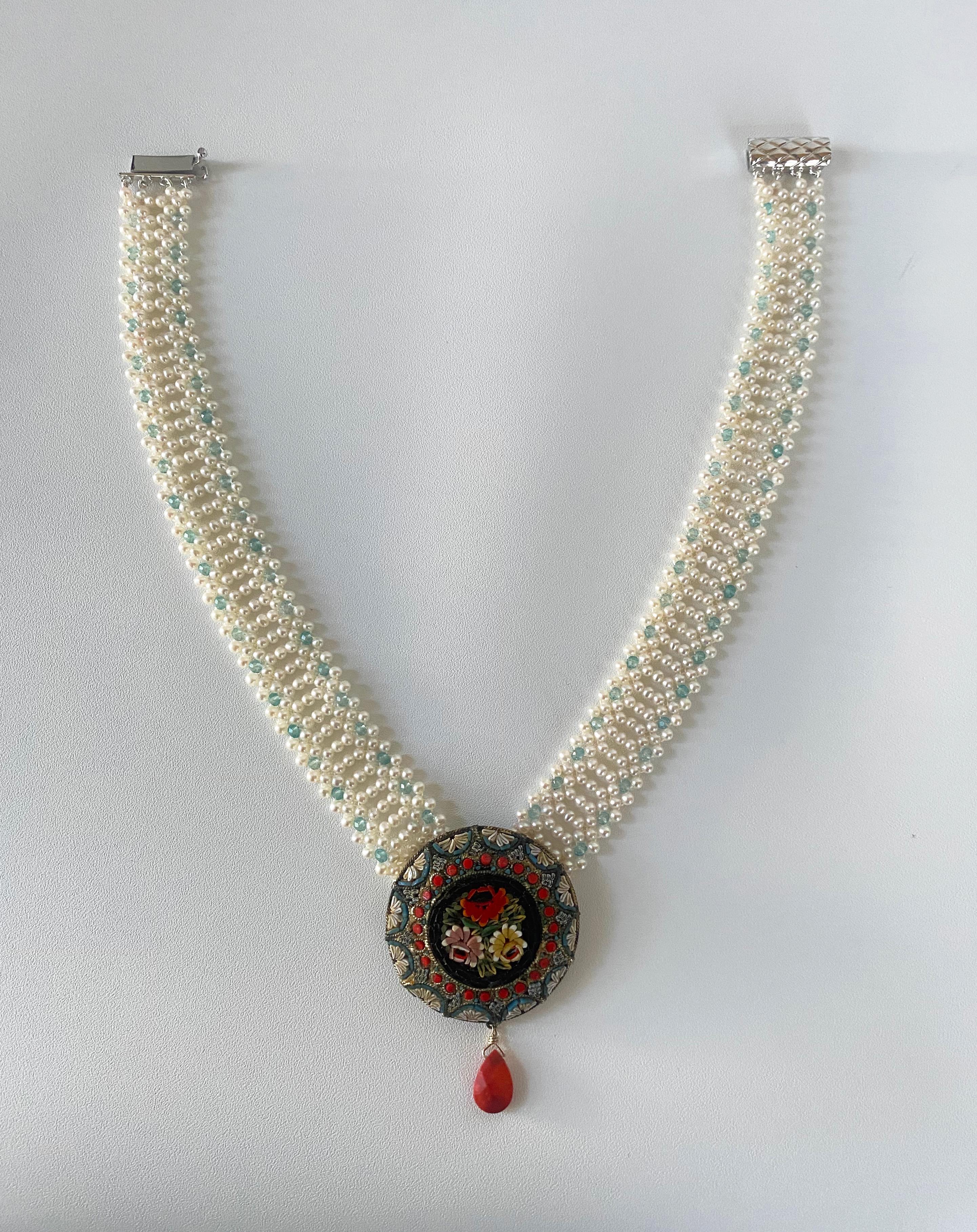 Marina J., Mosaik-Halskette im Vintage-Stil mit Aquamarin und mediterraner Koralle im Angebot 2