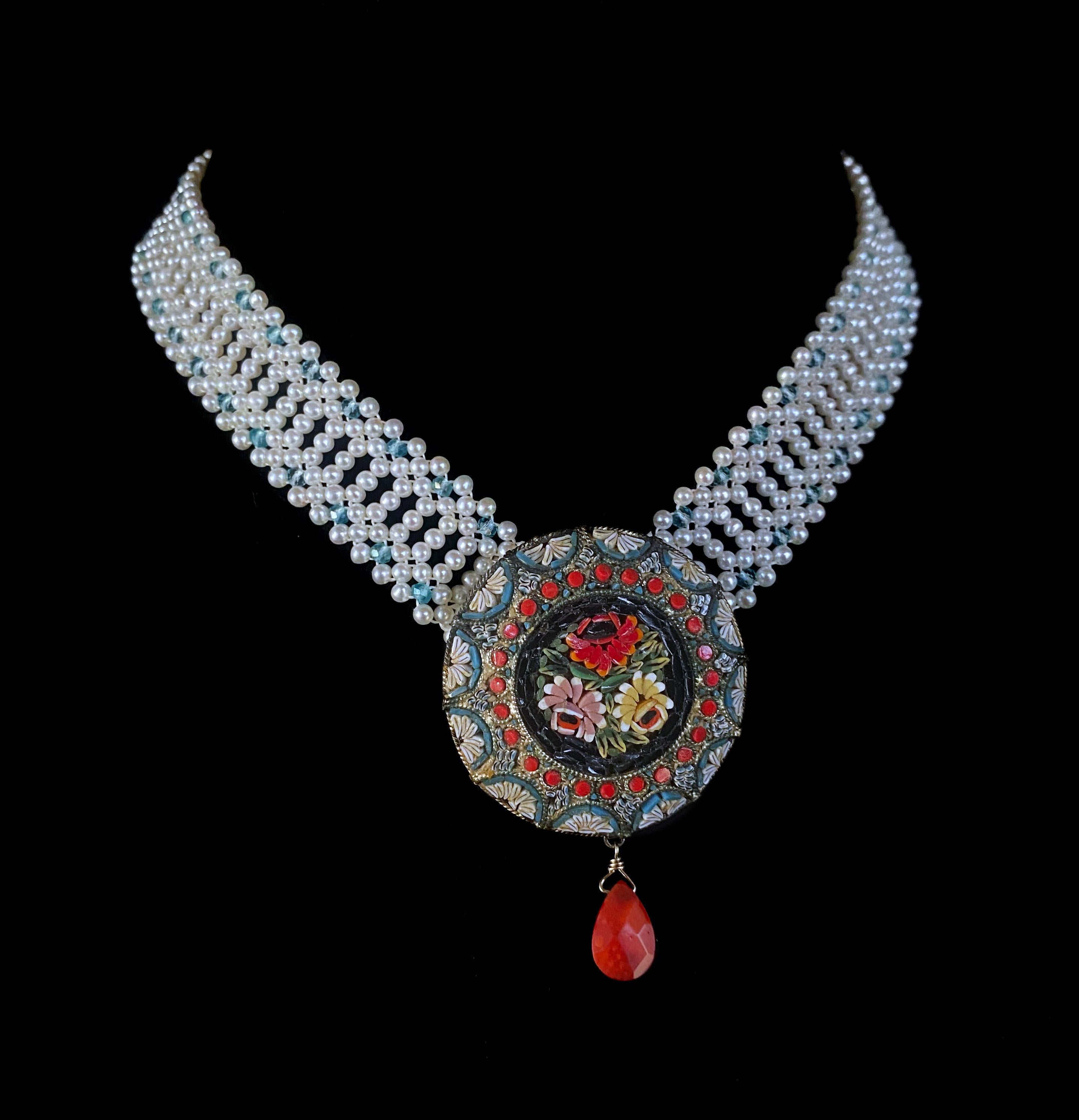 Marina J., Mosaik-Halskette im Vintage-Stil mit Aquamarin und mediterraner Koralle Damen im Angebot