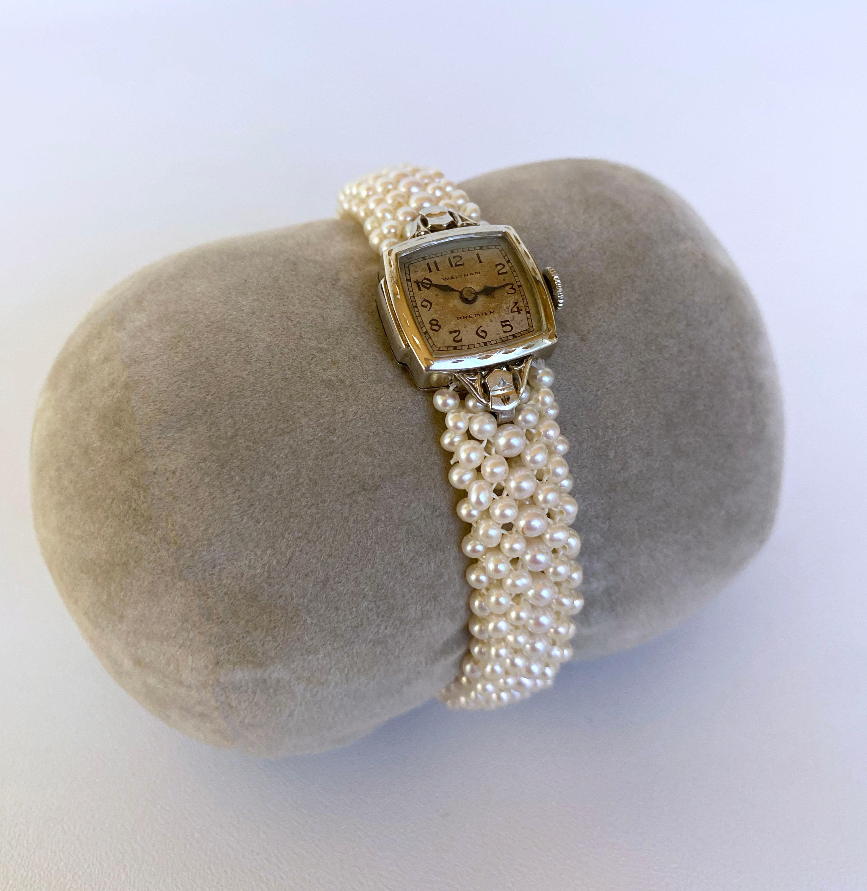 Bead Marina J Woven Pearl  Bracelet with Vintage 14k White Gold working manual Watch 