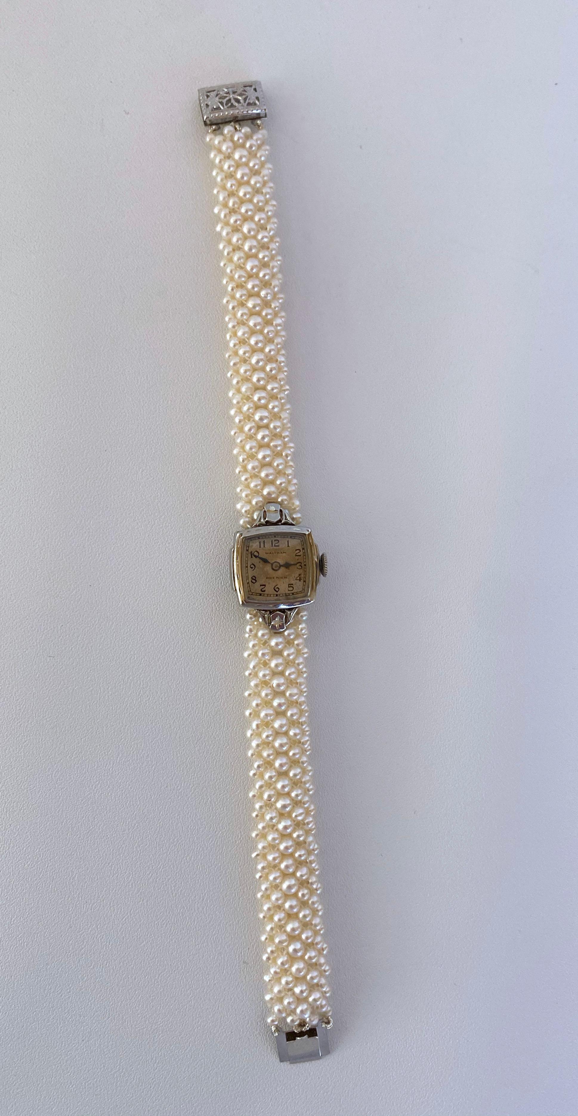 Marina J Woven Pearl  Bracelet with Vintage 14k White Gold working manual Watch  In New Condition In Los Angeles, CA
