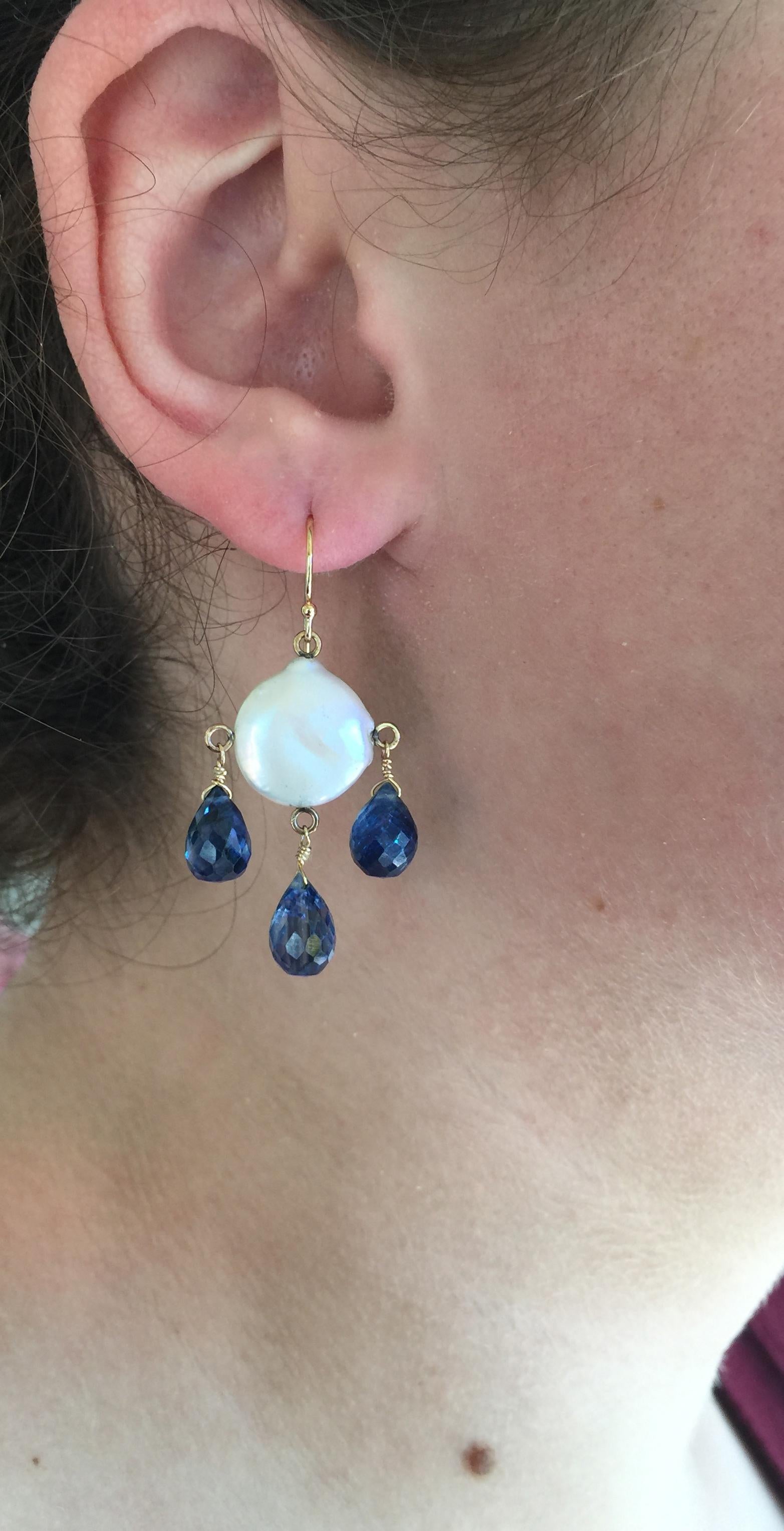 Marina J White Coin Pearl and Kyanite Drop Earrings and 14 Karat Gold Hooks In New Condition In Los Angeles, CA