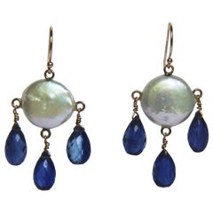 Marina J White Coin Pearl and Kyanite Drop Earrings and 14 Karat Gold Hooks