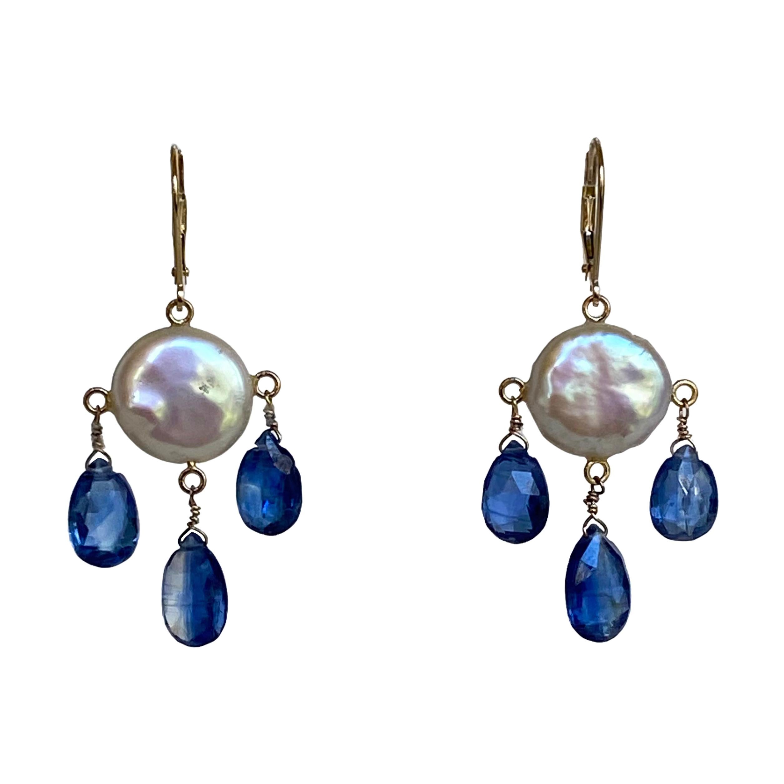 Marina J White Coin Pearl and Kyanite Drop Earrings with 14k Yellow Gold 