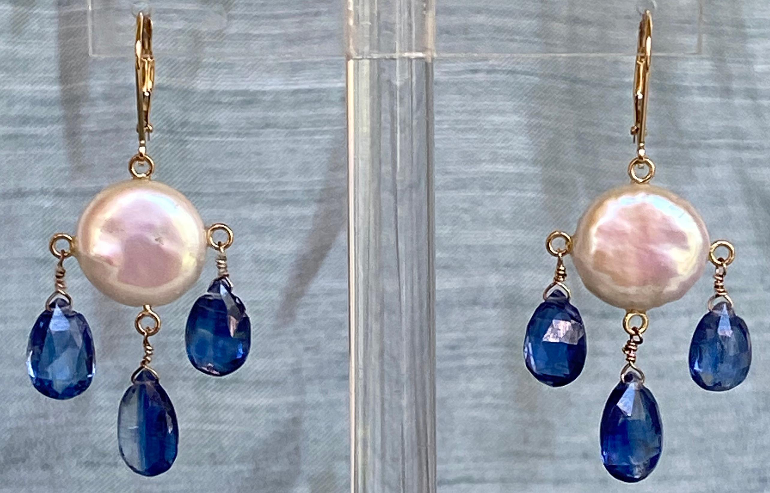 Artist Marina J White Coin Pearl and Kyanite Drop Earrings with 14k Yellow Gold 